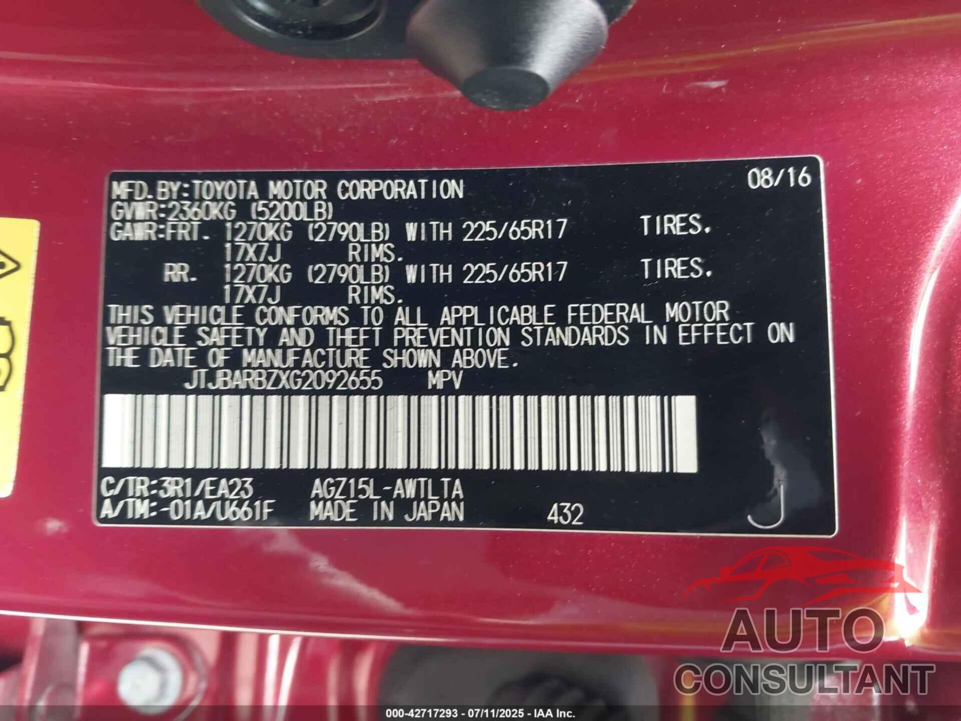 LEXUS NX 200T 2016 - JTJBARBZXG2092655
