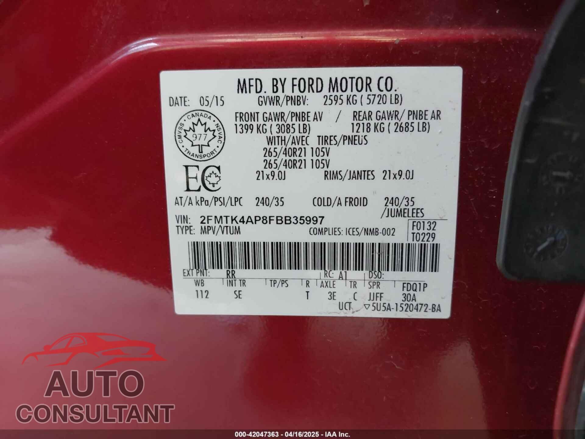 FORD EDGE 2015 - 2FMTK4AP8FBB35997