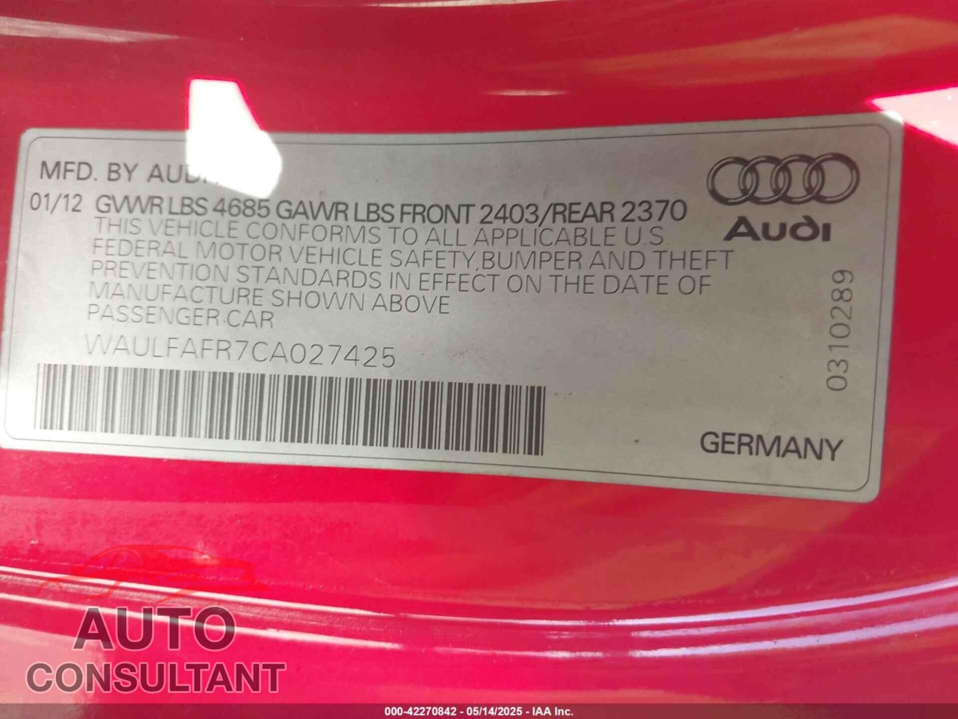 AUDI A5 2012 - WAULFAFR7CA027425