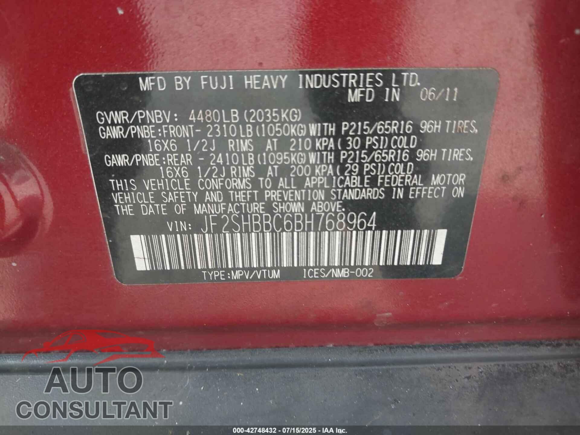 SUBARU FORESTER 2011 - JF2SHBBC6BH768964
