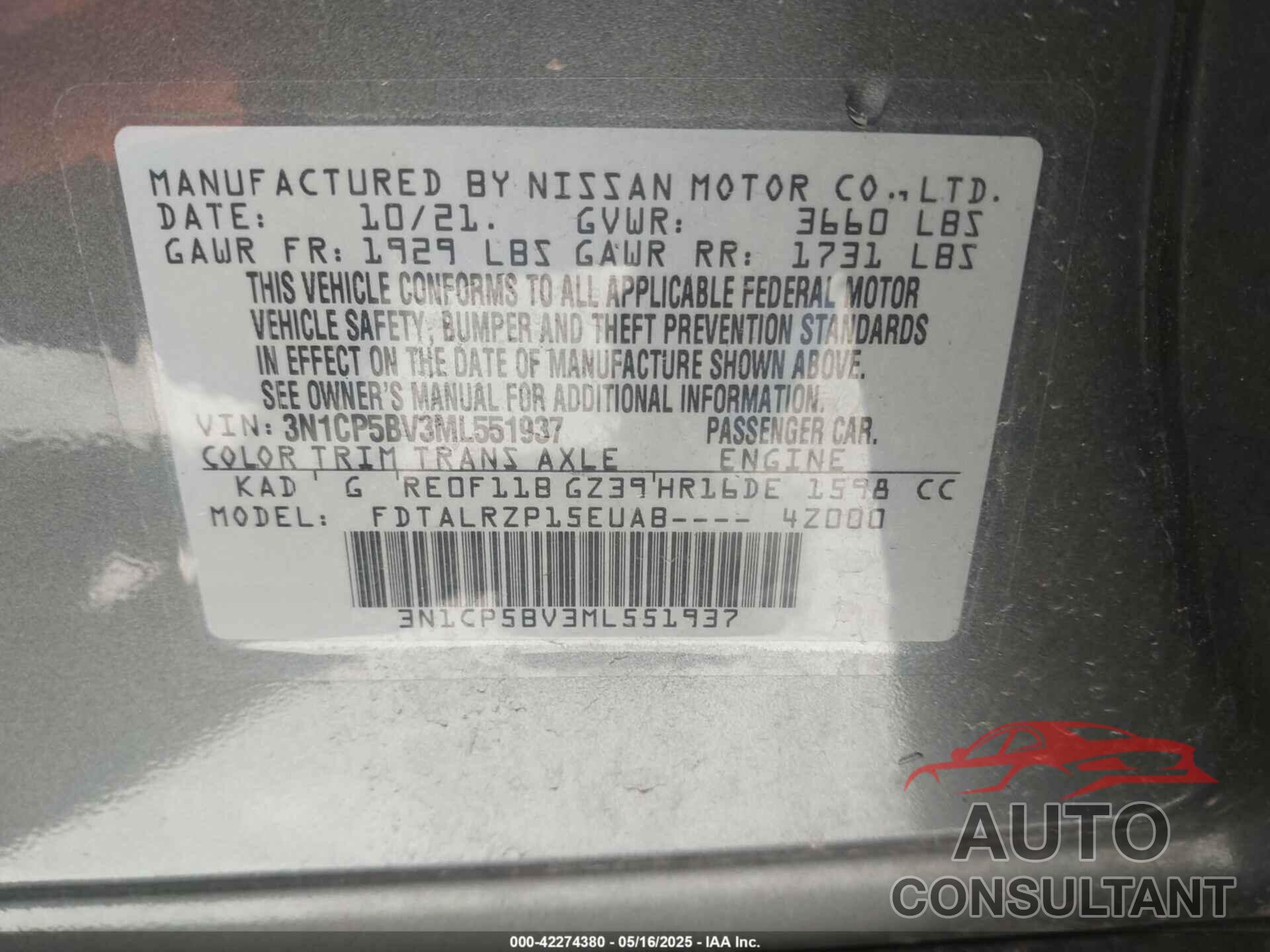 NISSAN KICKS 2021 - 3N1CP5BV3ML551937