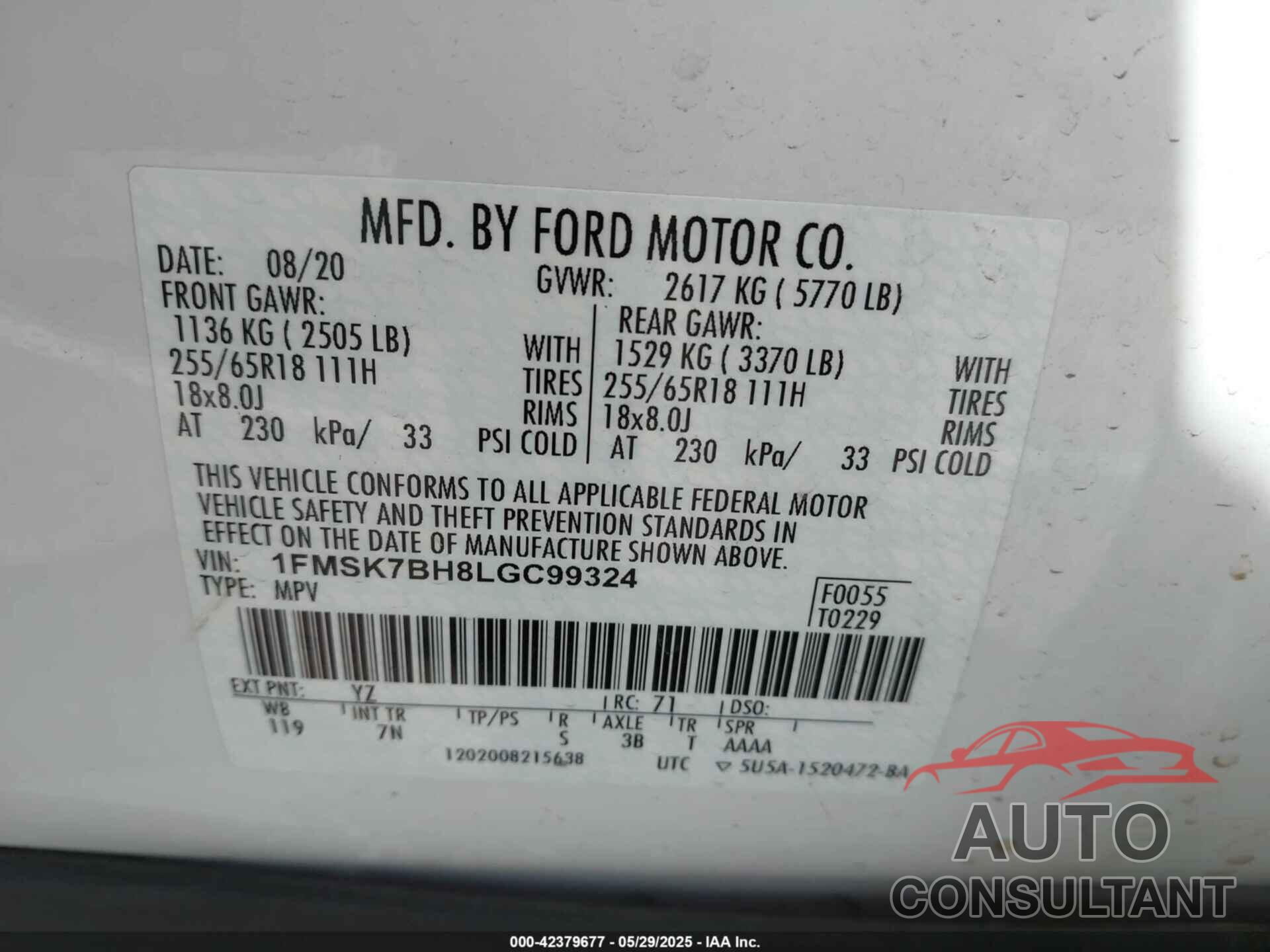 FORD EXPLORER 2020 - 1FMSK7BH8LGC99324
