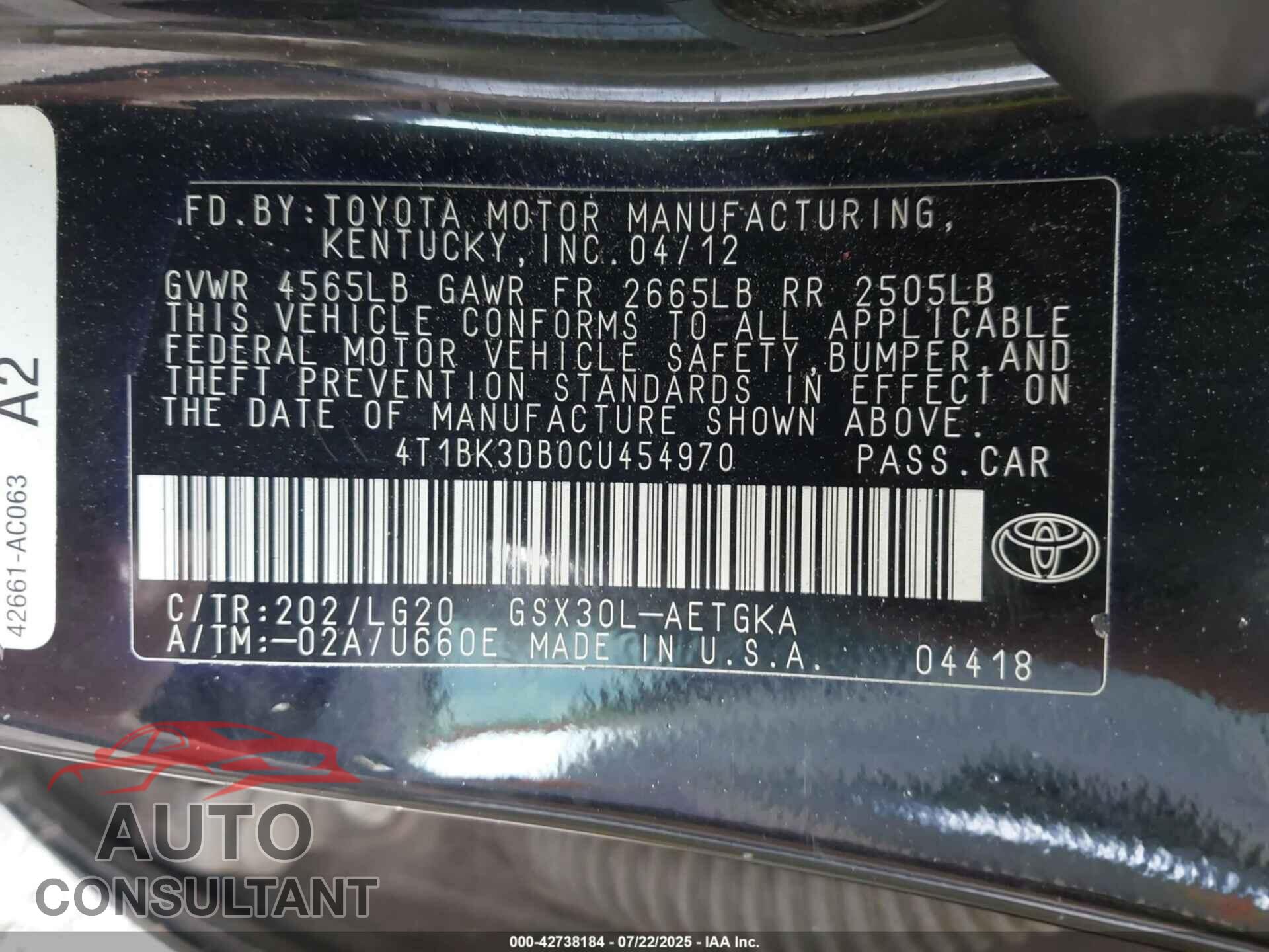 TOYOTA AVALON 2012 - 4T1BK3DB0CU454970