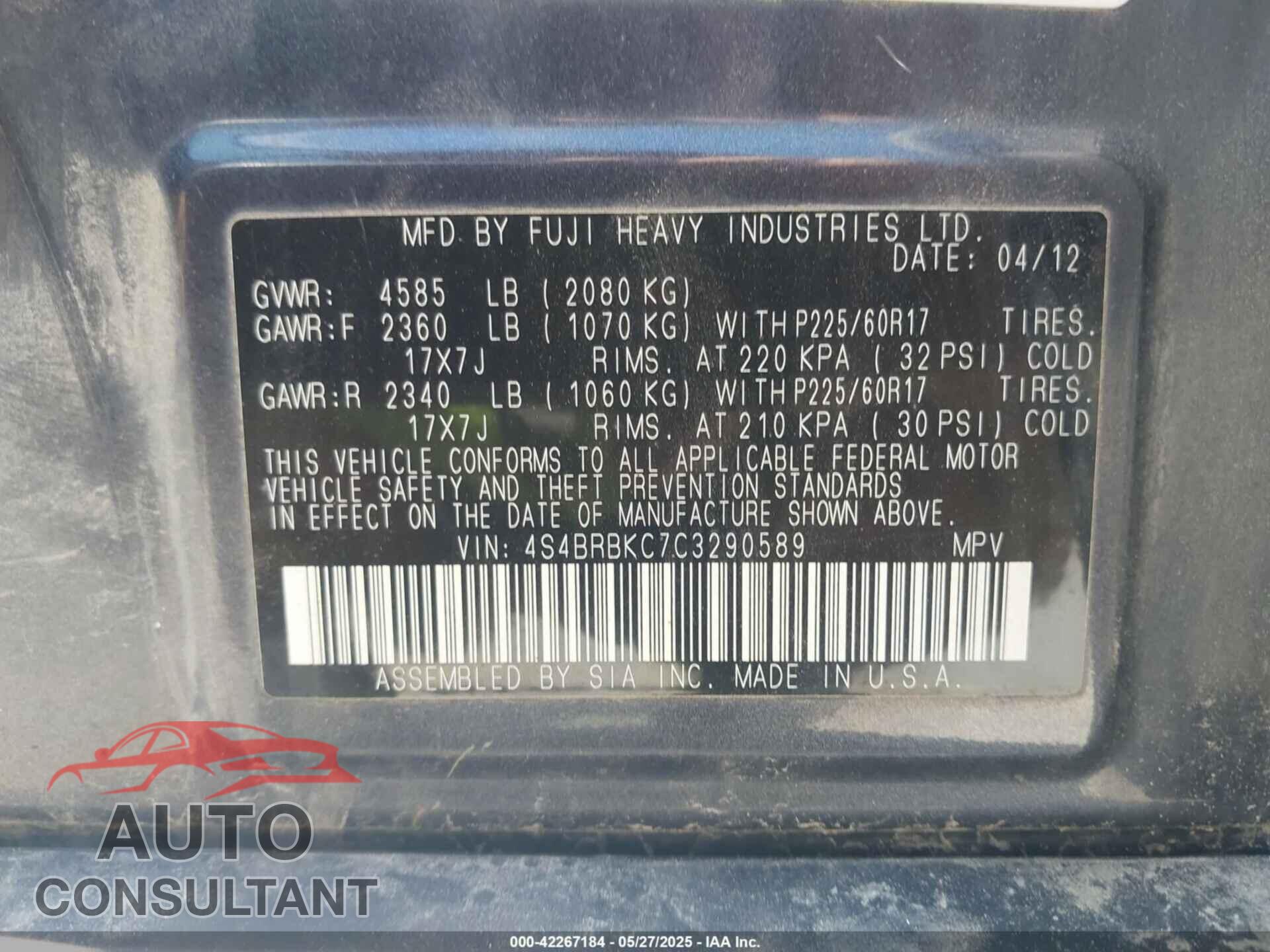 SUBARU OUTBACK 2012 - 4S4BRBKC7C3290589
