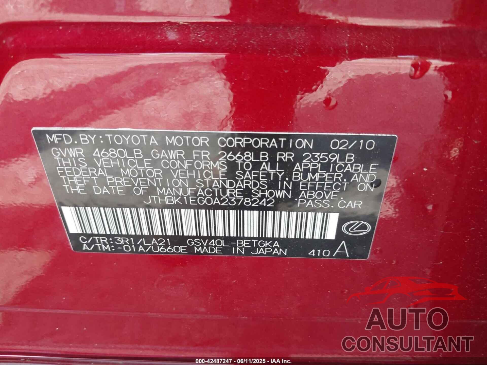 LEXUS ES 350 2010 - JTHBK1EG0A2378242