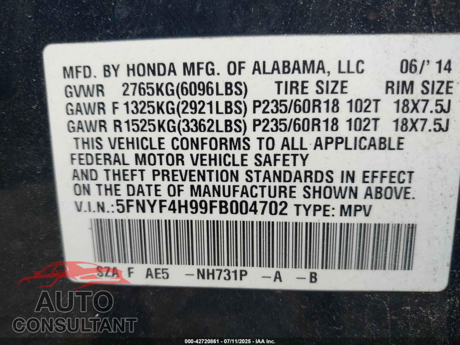 HONDA PILOT 2015 - 5FNYF4H99FB004702
