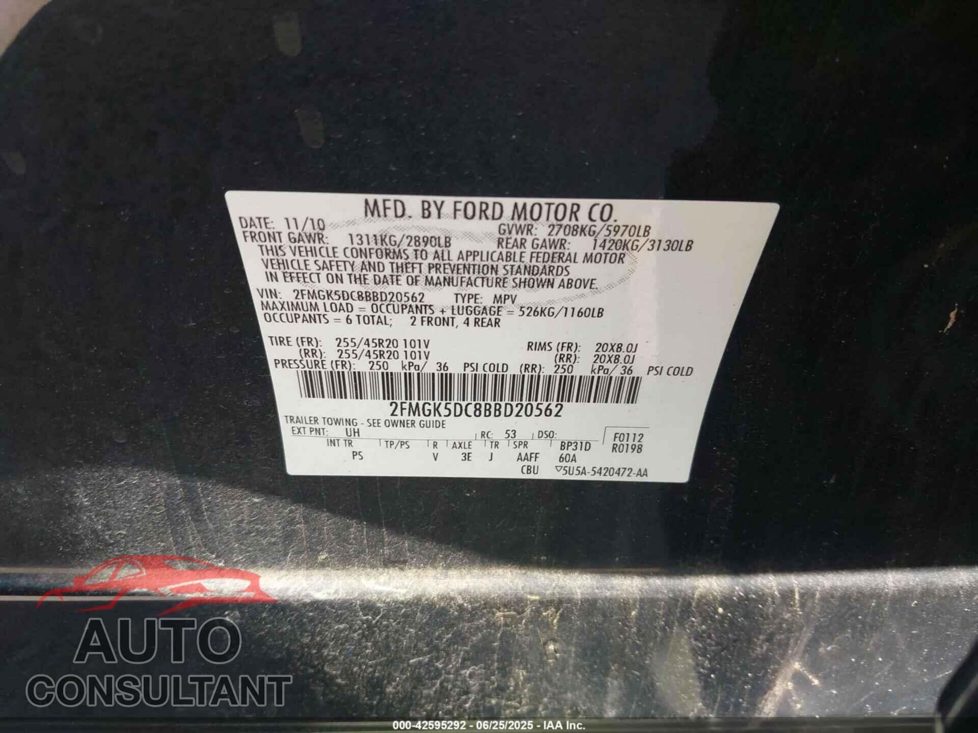 FORD FLEX 2011 - 2FMGK5DC8BBD20562