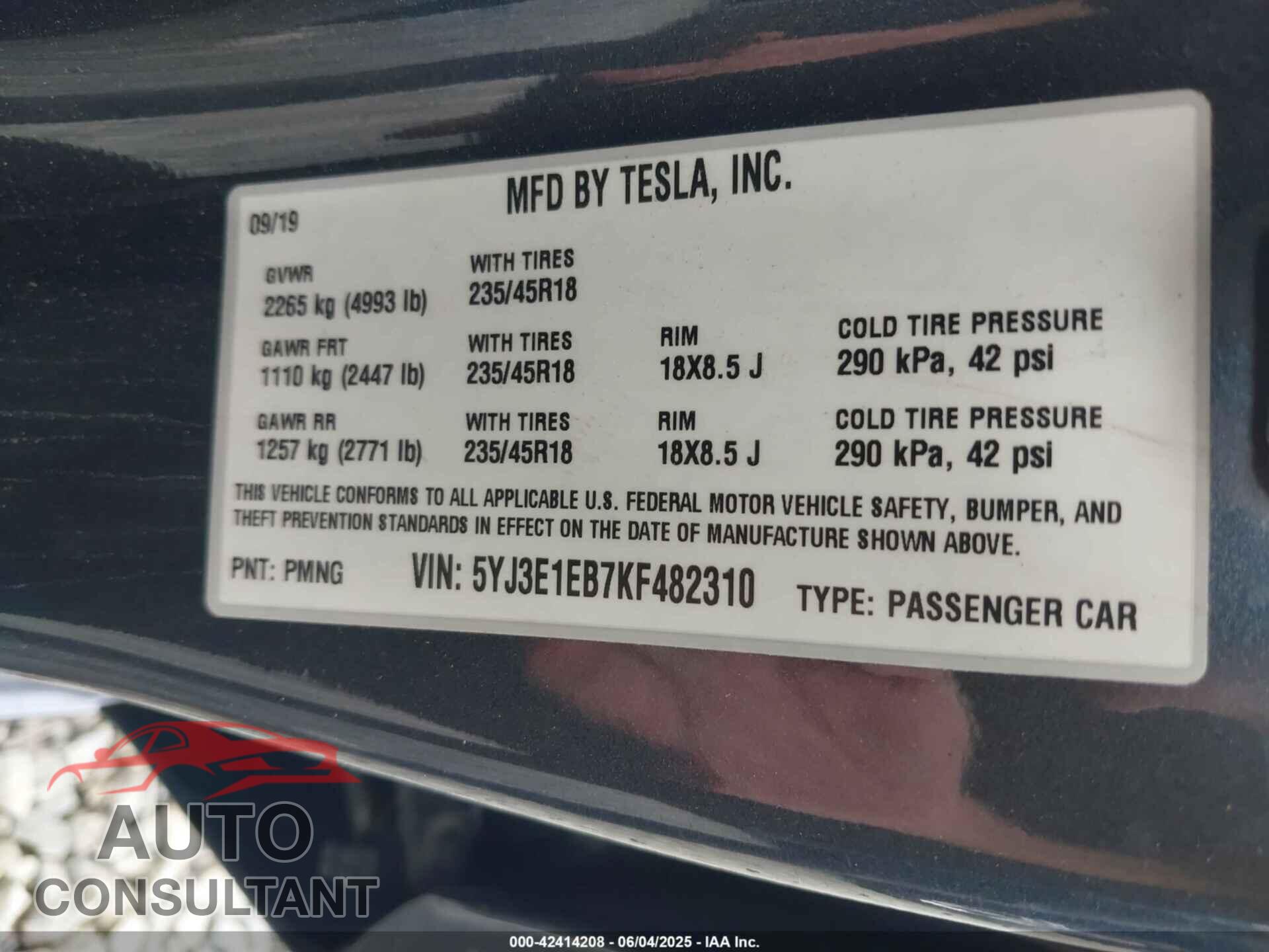 TESLA MODEL 3 2019 - 5YJ3E1EB7KF482310