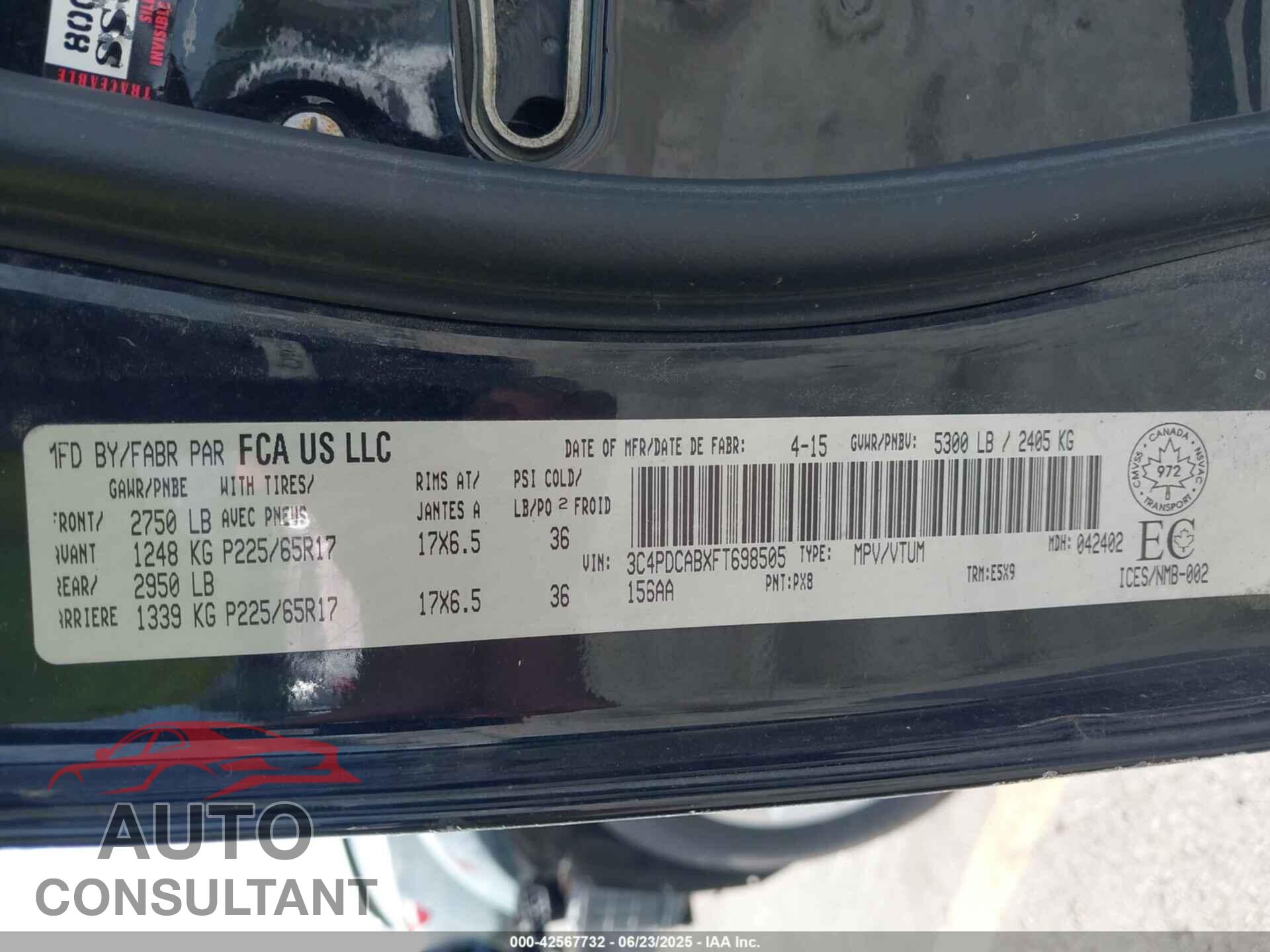 DODGE JOURNEY 2015 - 3C4PDCABXFT698505