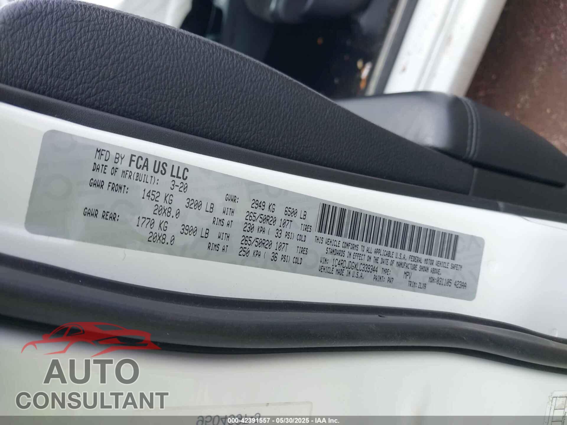 DODGE DURANGO 2020 - 1C4RDJDGXLC339344