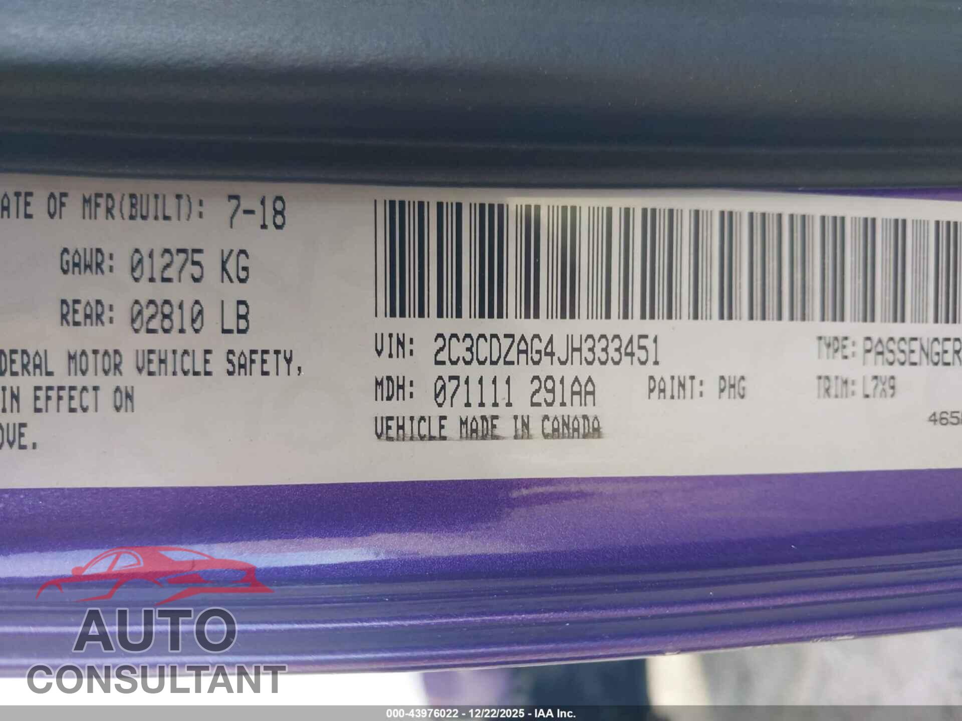 DODGE CHALLENGER 2018 - 2C3CDZAG4JH333451