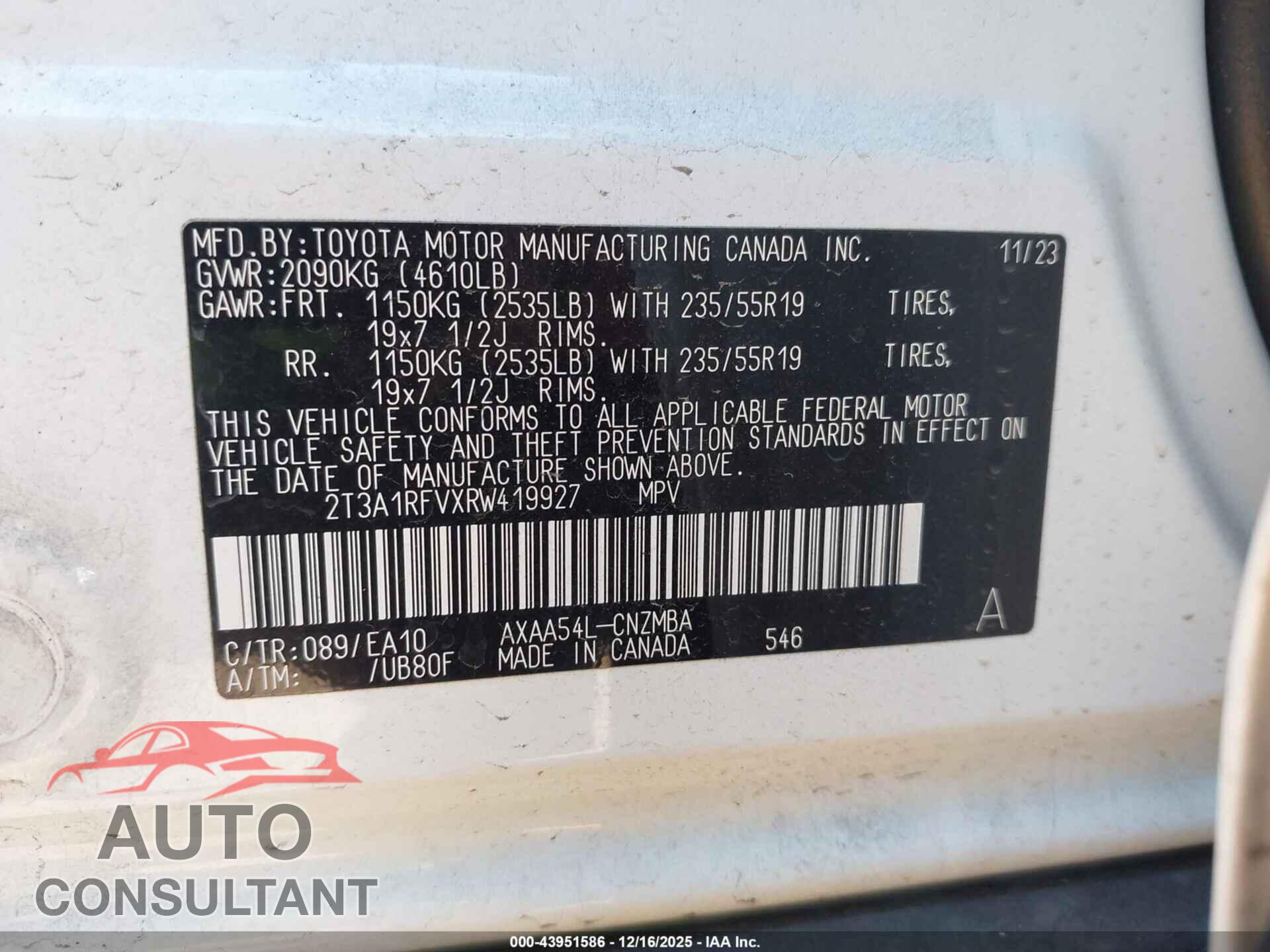 TOYOTA RAV4 2024 - 2T3A1RFVXRW419927