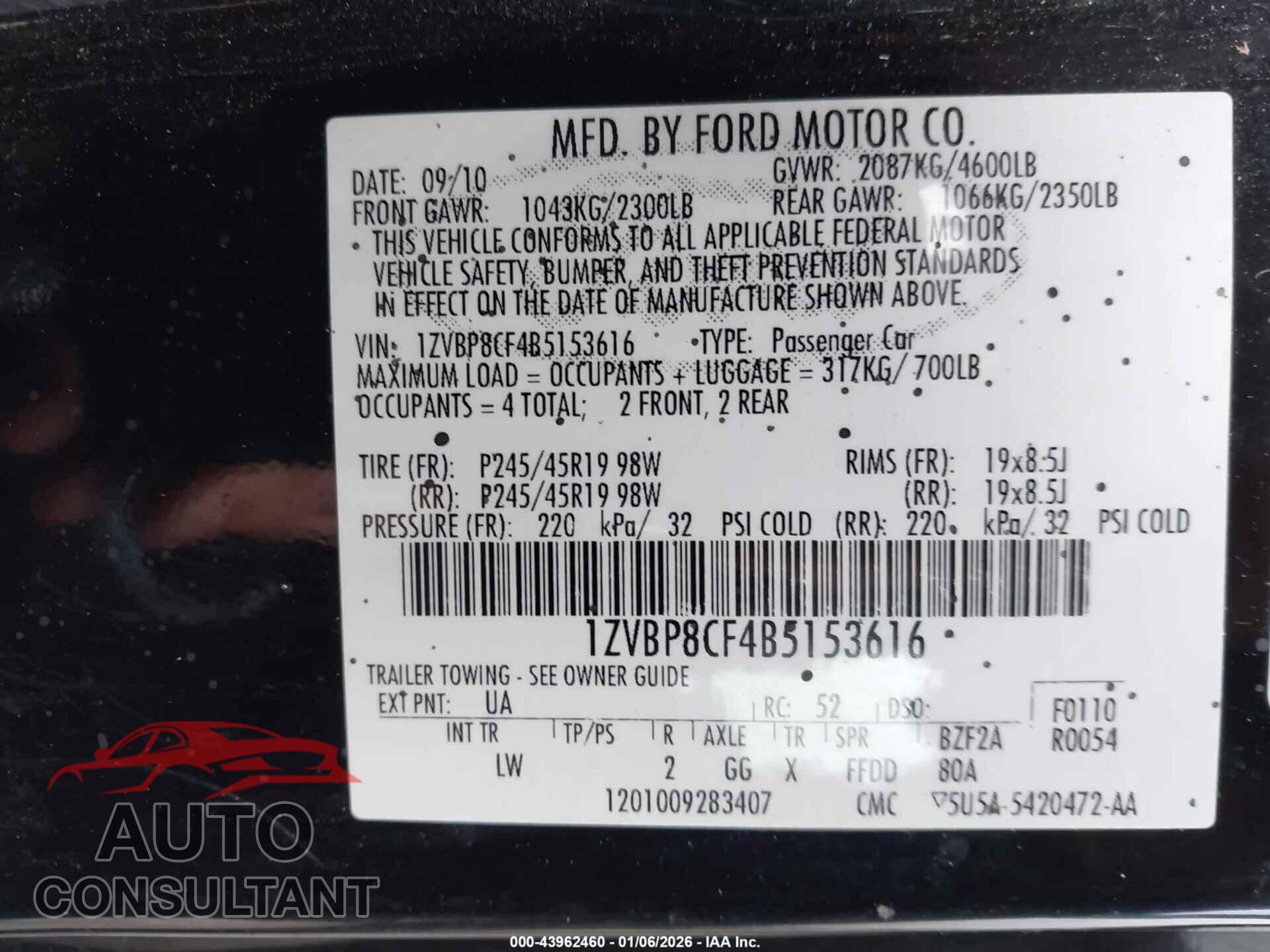 FORD MUSTANG 2011 - 1ZVBP8CF4B5153616
