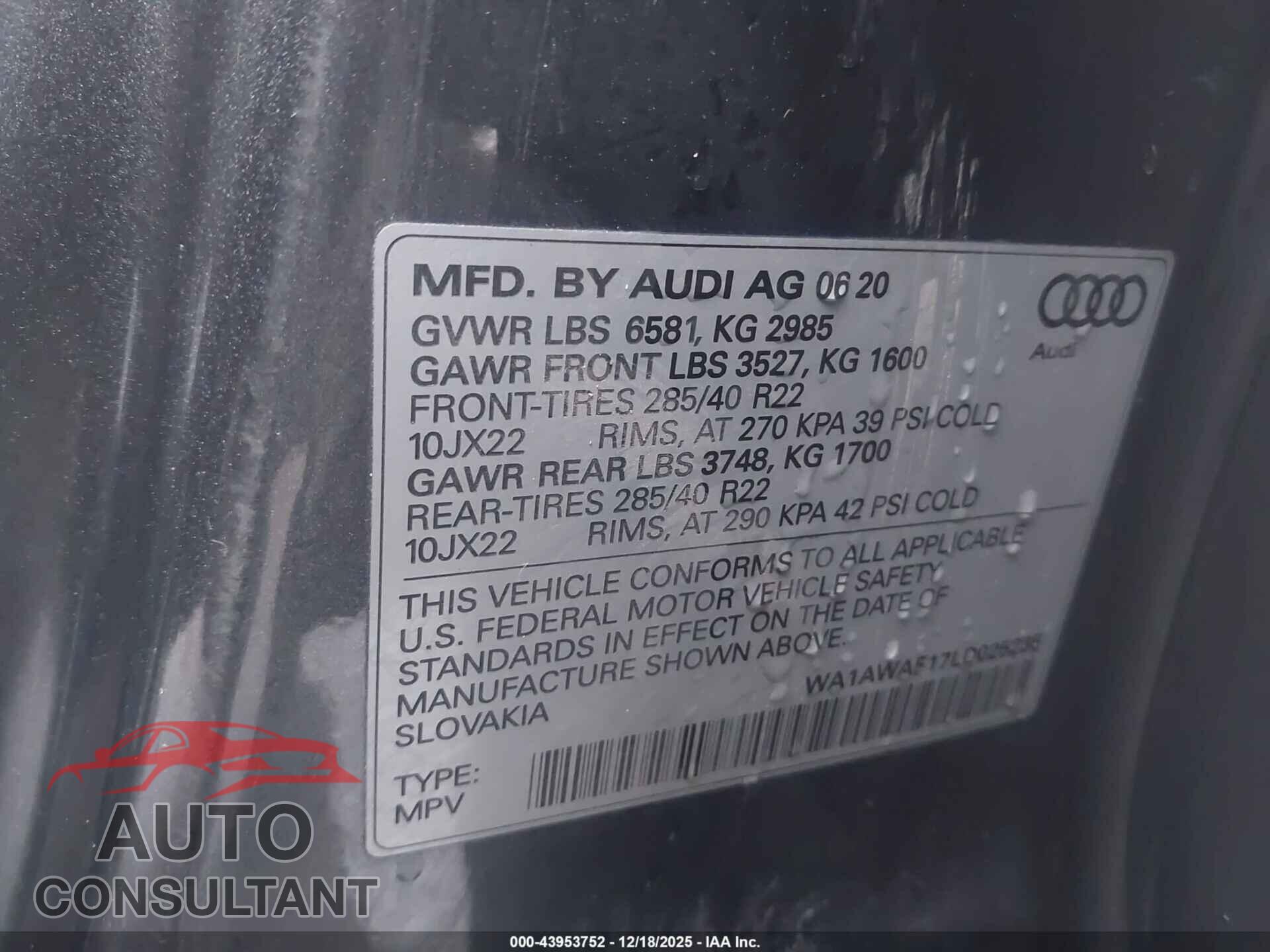 AUDI SQ8 2020 - WA1AWAF17LD025235