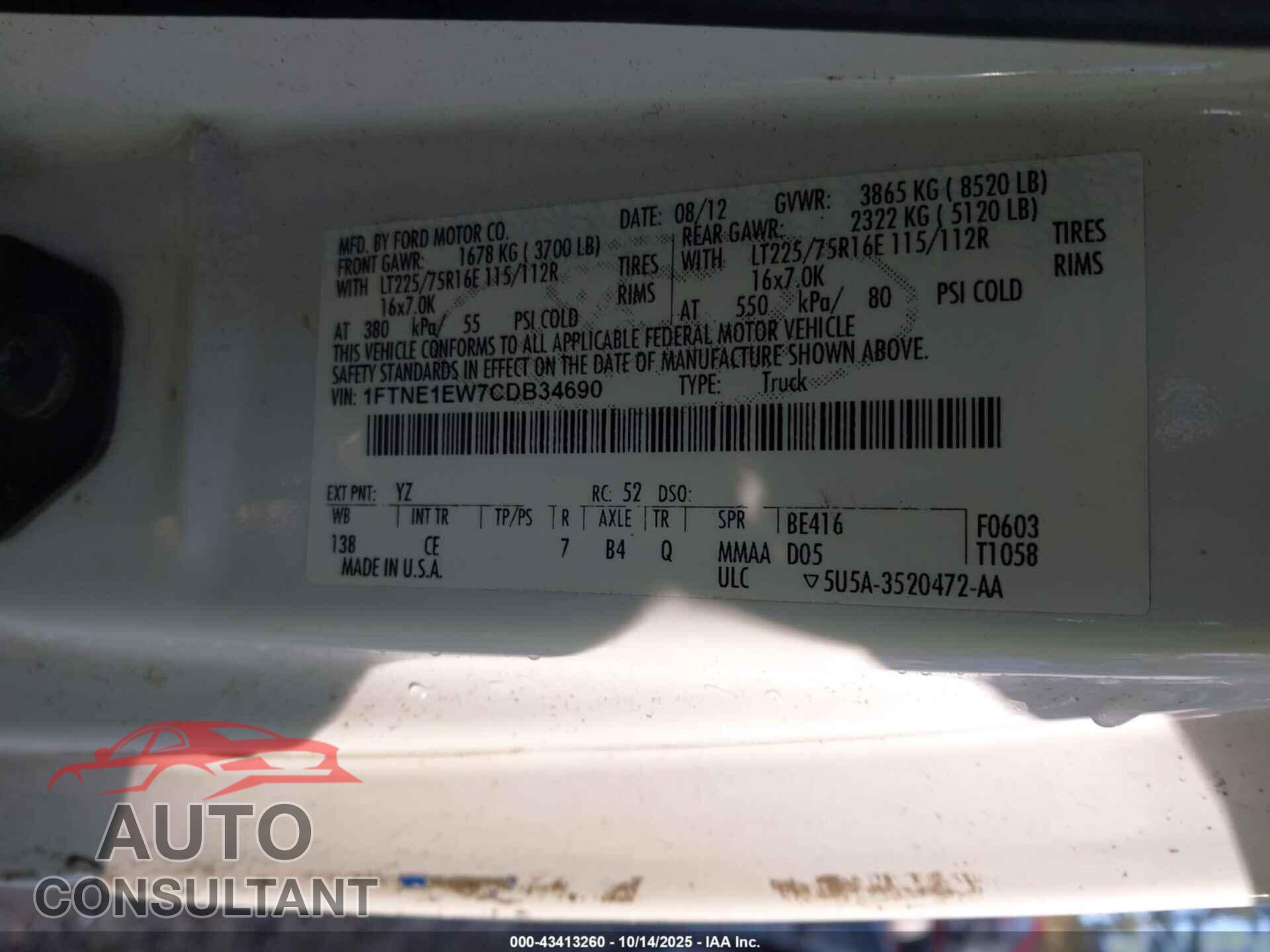 FORD E-150 2012 - 1FTNE1EW7CDB34690