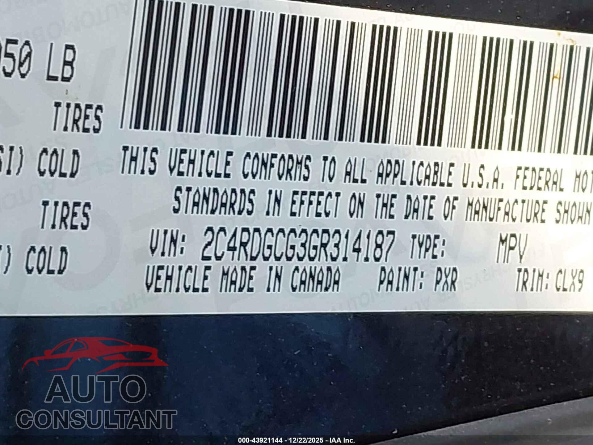 DODGE GRAND CARAVAN 2016 - 2C4RDGCG3GR314187