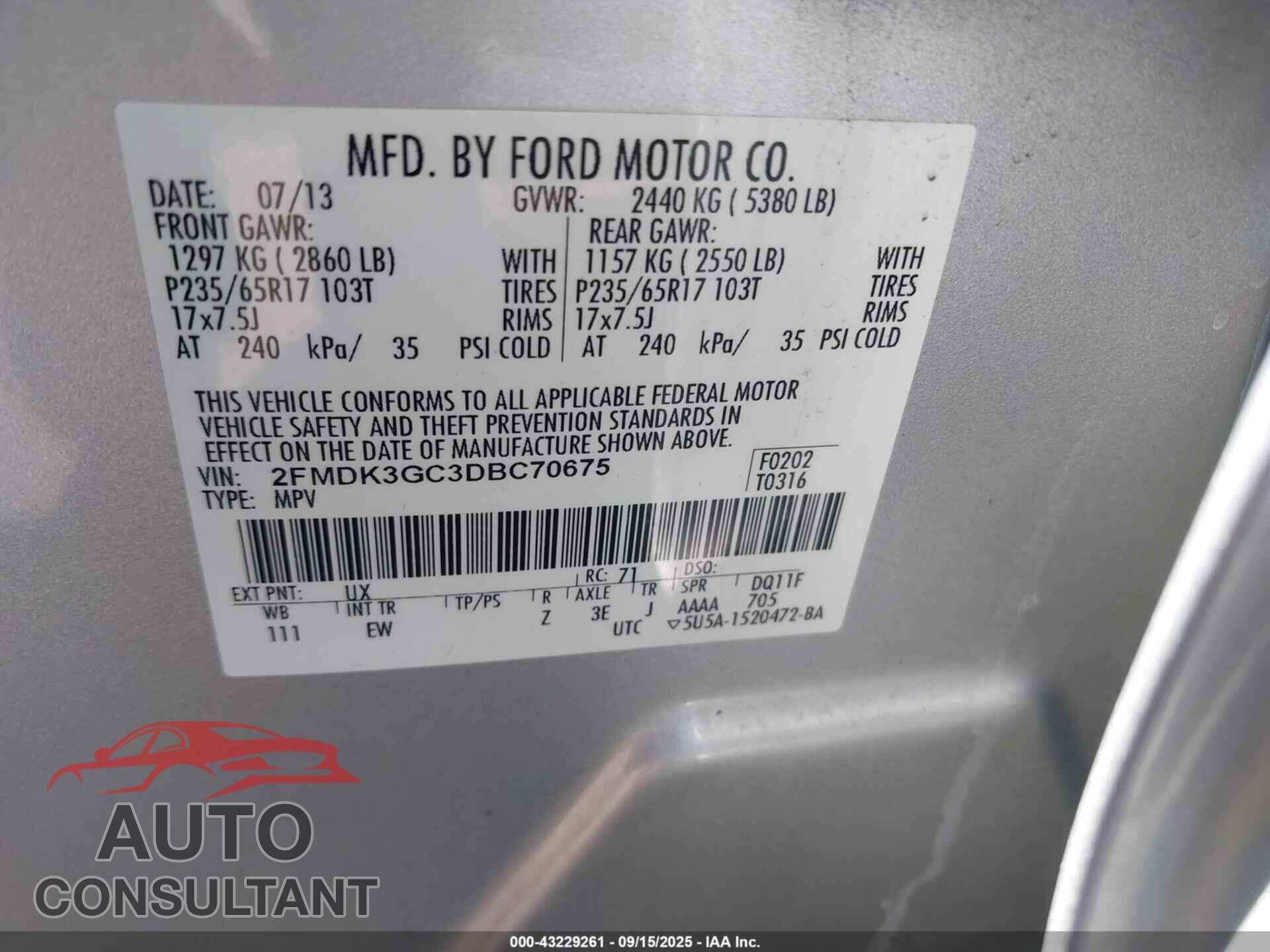 FORD EDGE 2013 - 2FMDK3GC3DBC70675