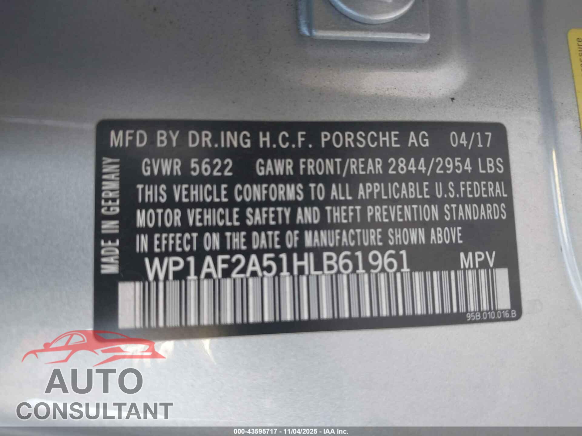 PORSCHE MACAN 2017 - WP1AF2A51HLB61961