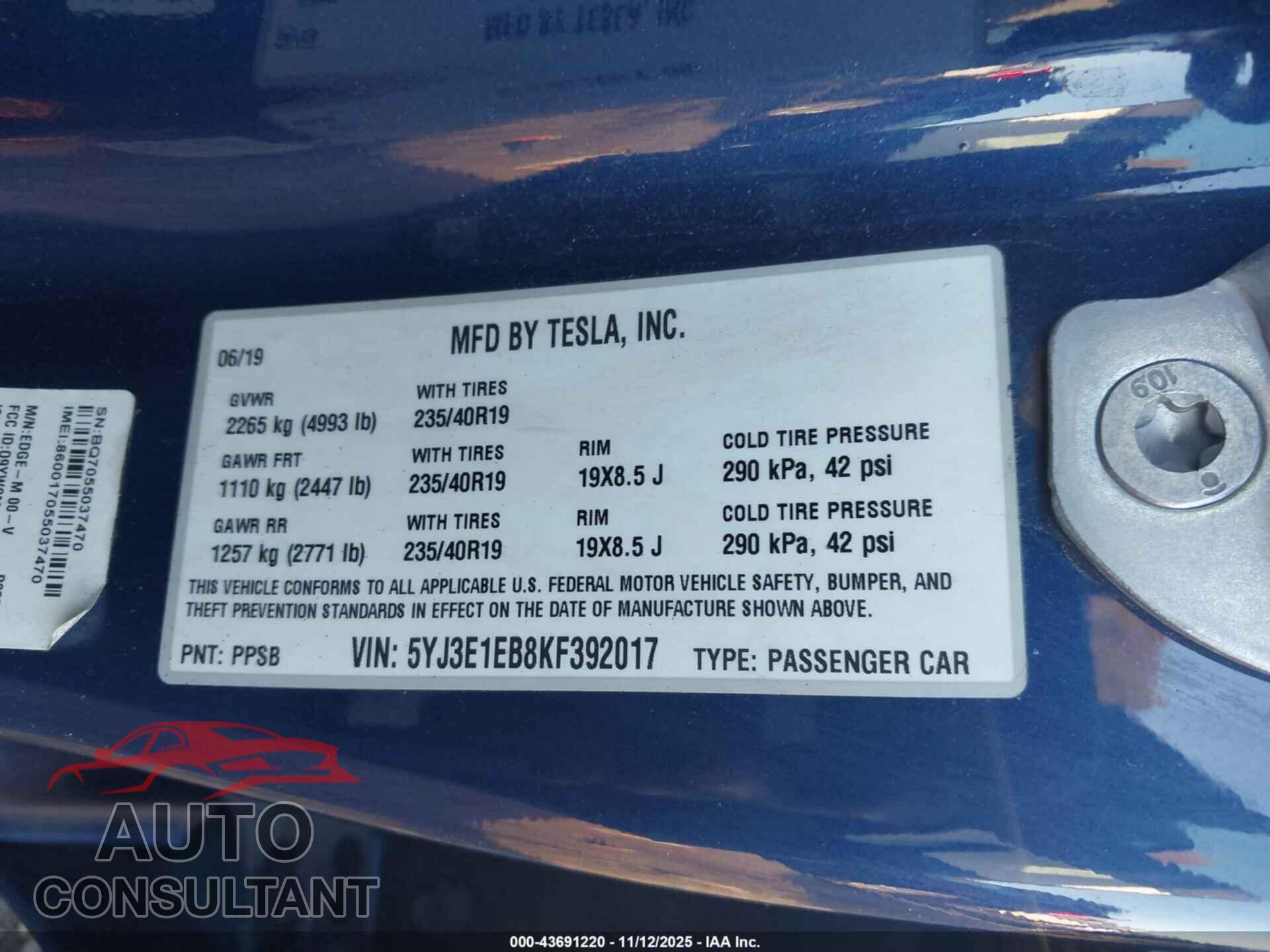TESLA MODEL 3 2019 - 5YJ3E1EB8KF392017