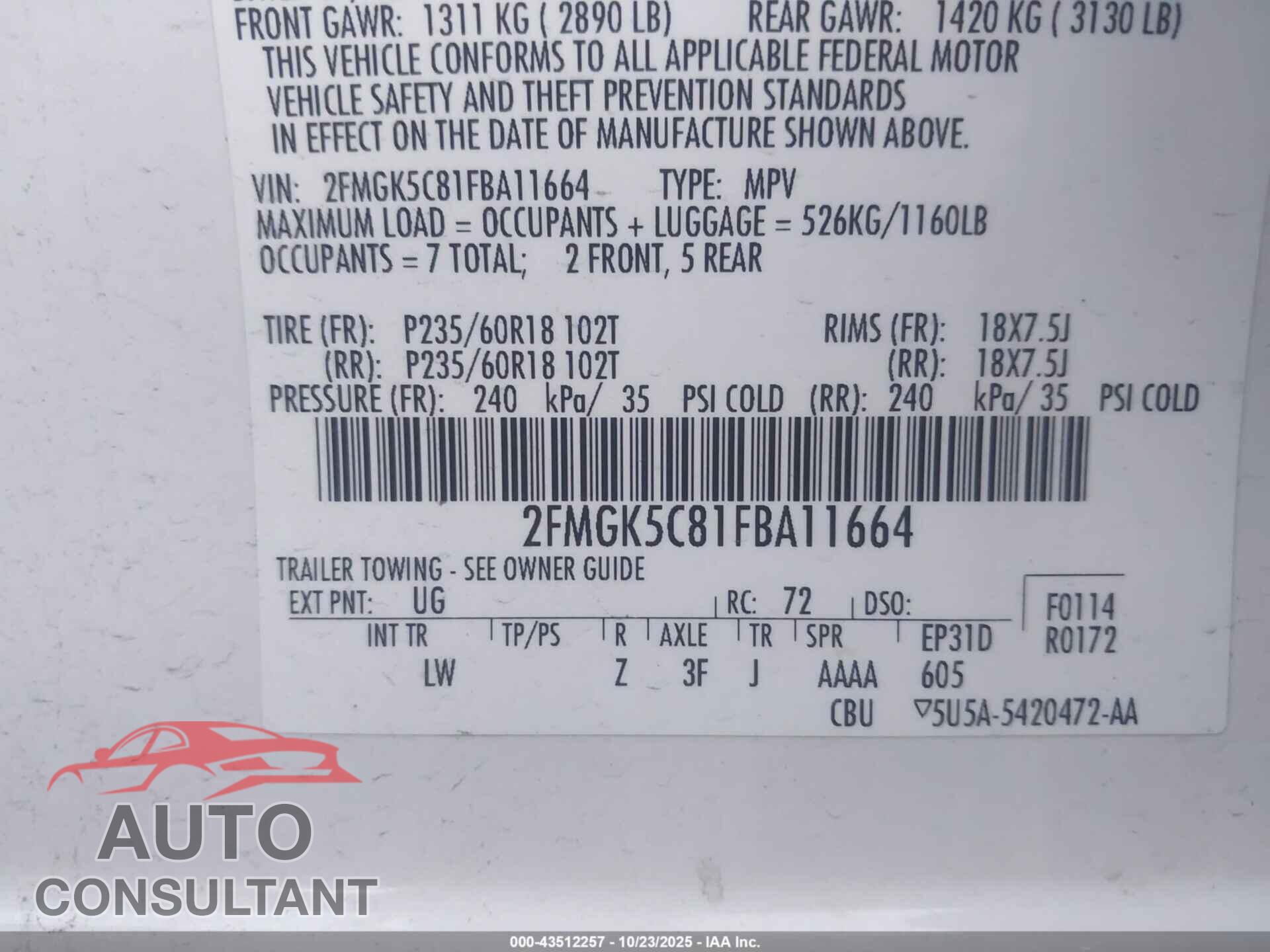 FORD FLEX 2015 - 2FMGK5C81FBA11664