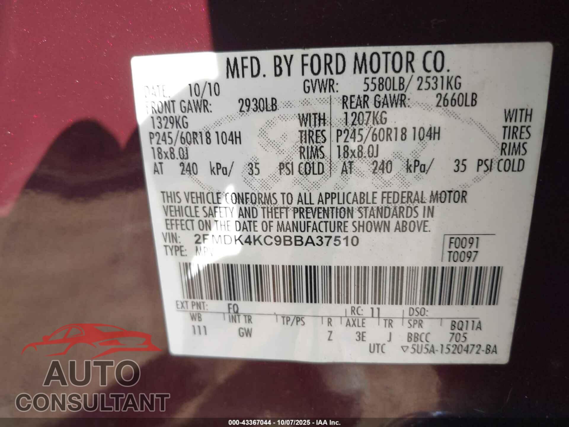 FORD EDGE 2011 - 2FMDK4KC9BBA37510