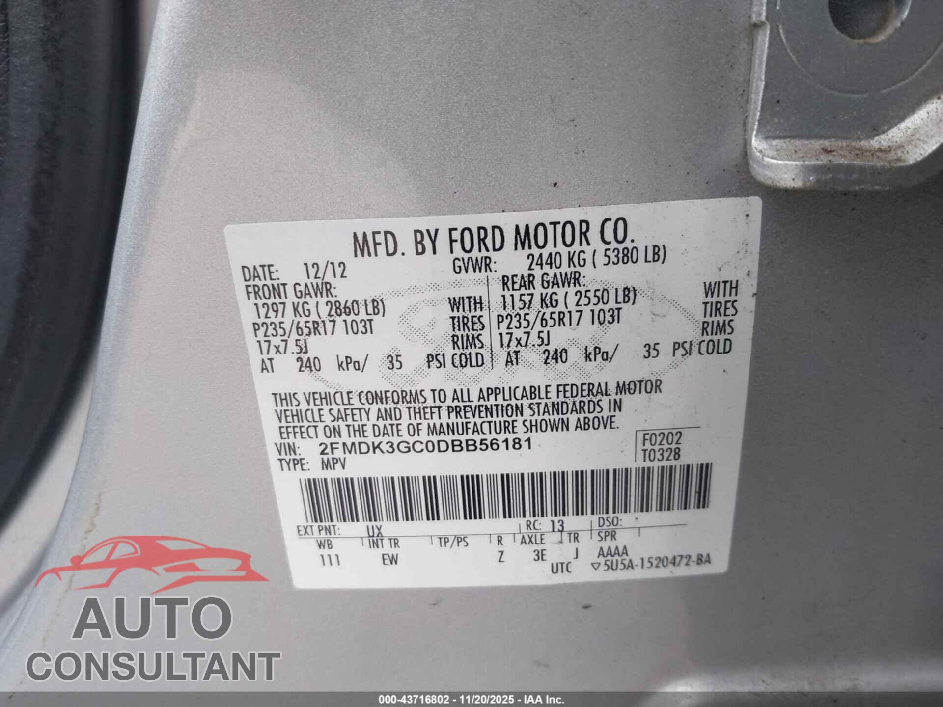 FORD EDGE 2013 - 2FMDK3GC0DBB56181