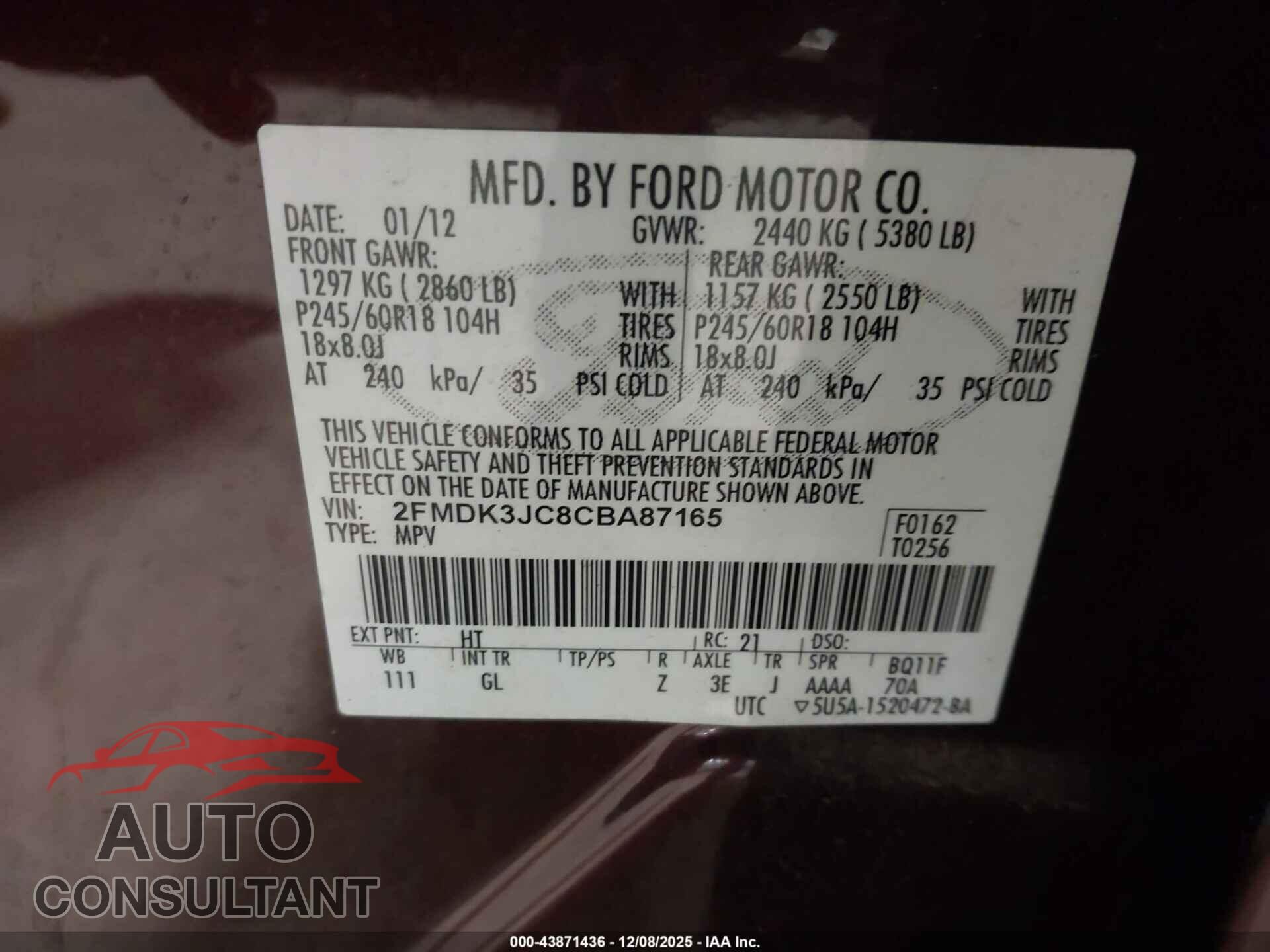FORD EDGE 2012 - 2FMDK3JC8CBA87165