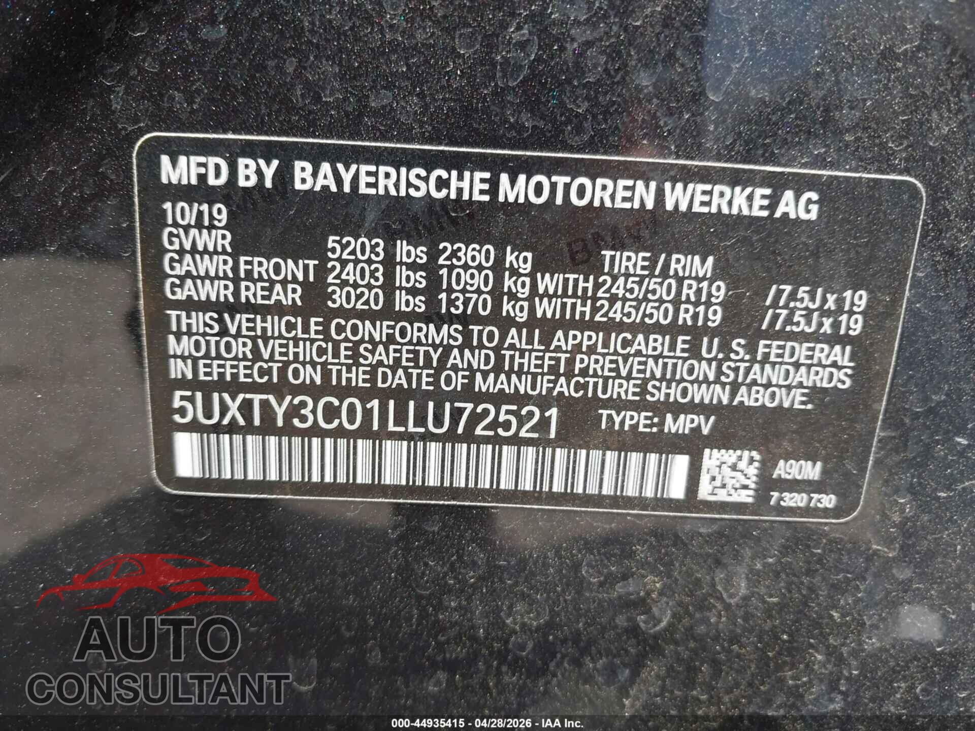 BMW X3 2020 - 5UXTY3C01LLU72521