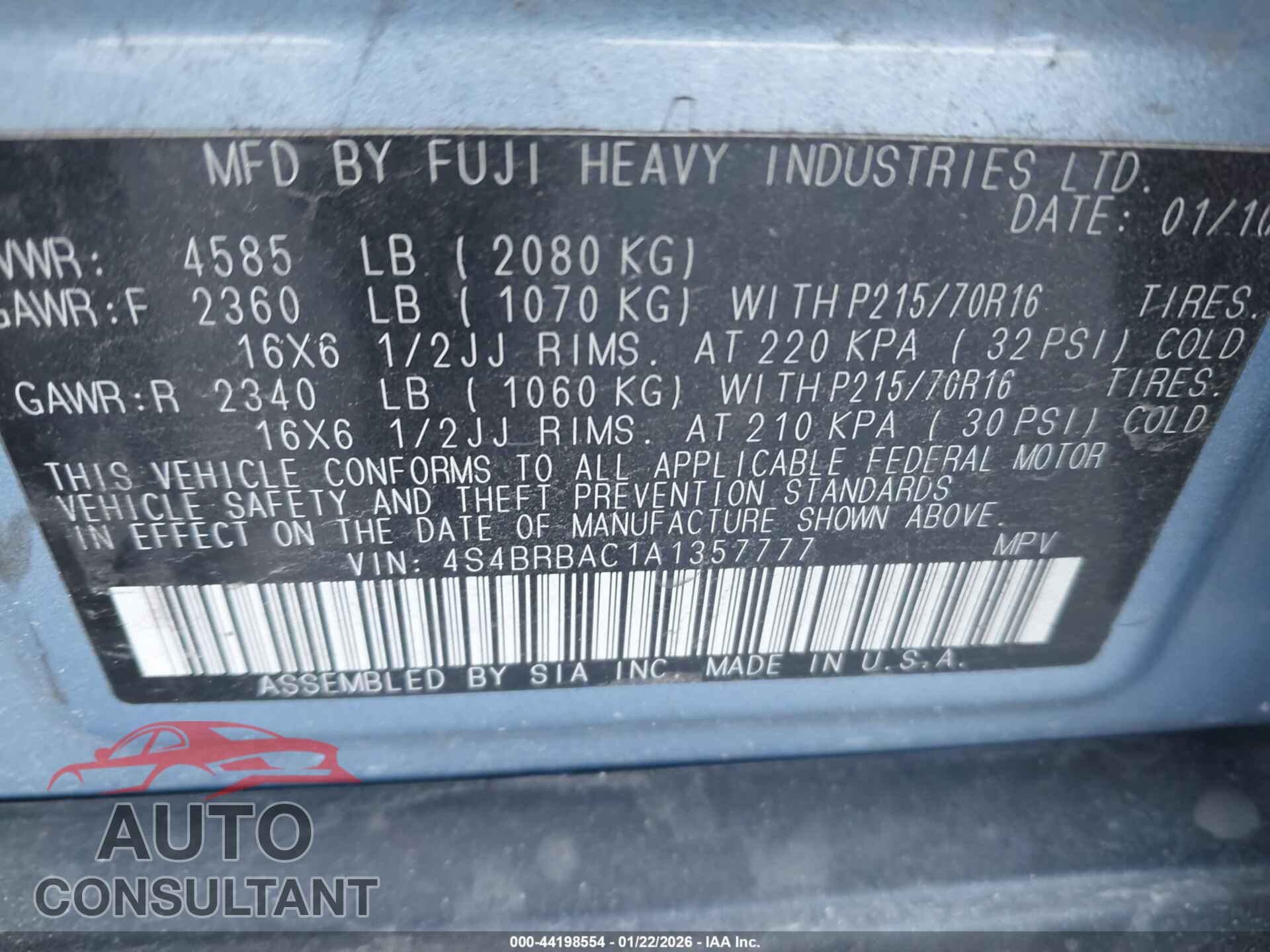 SUBARU OUTBACK 2010 - 4S4BRBAC1A1357777