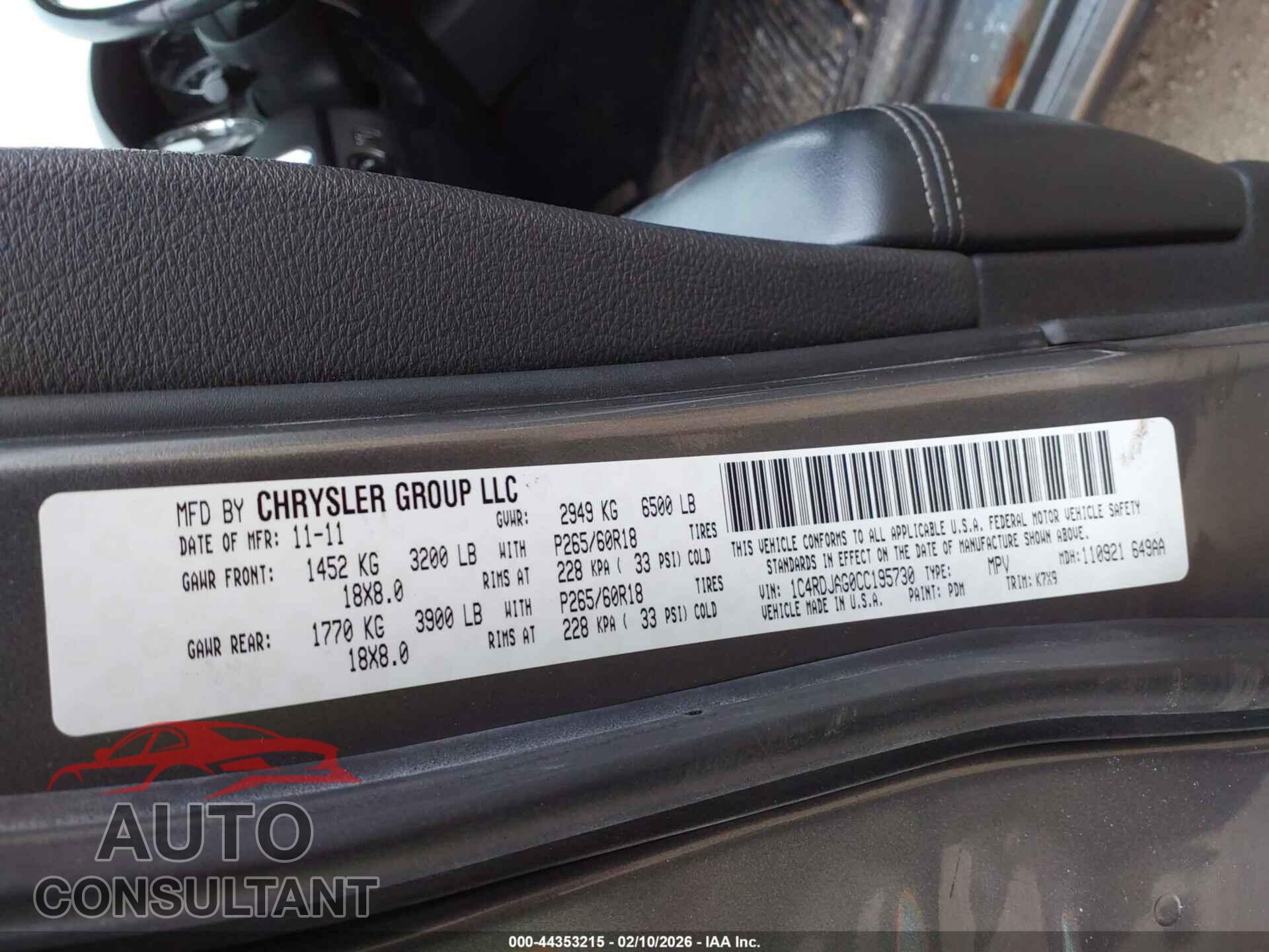 DODGE DURANGO 2012 - 1C4RDJAG0CC195730