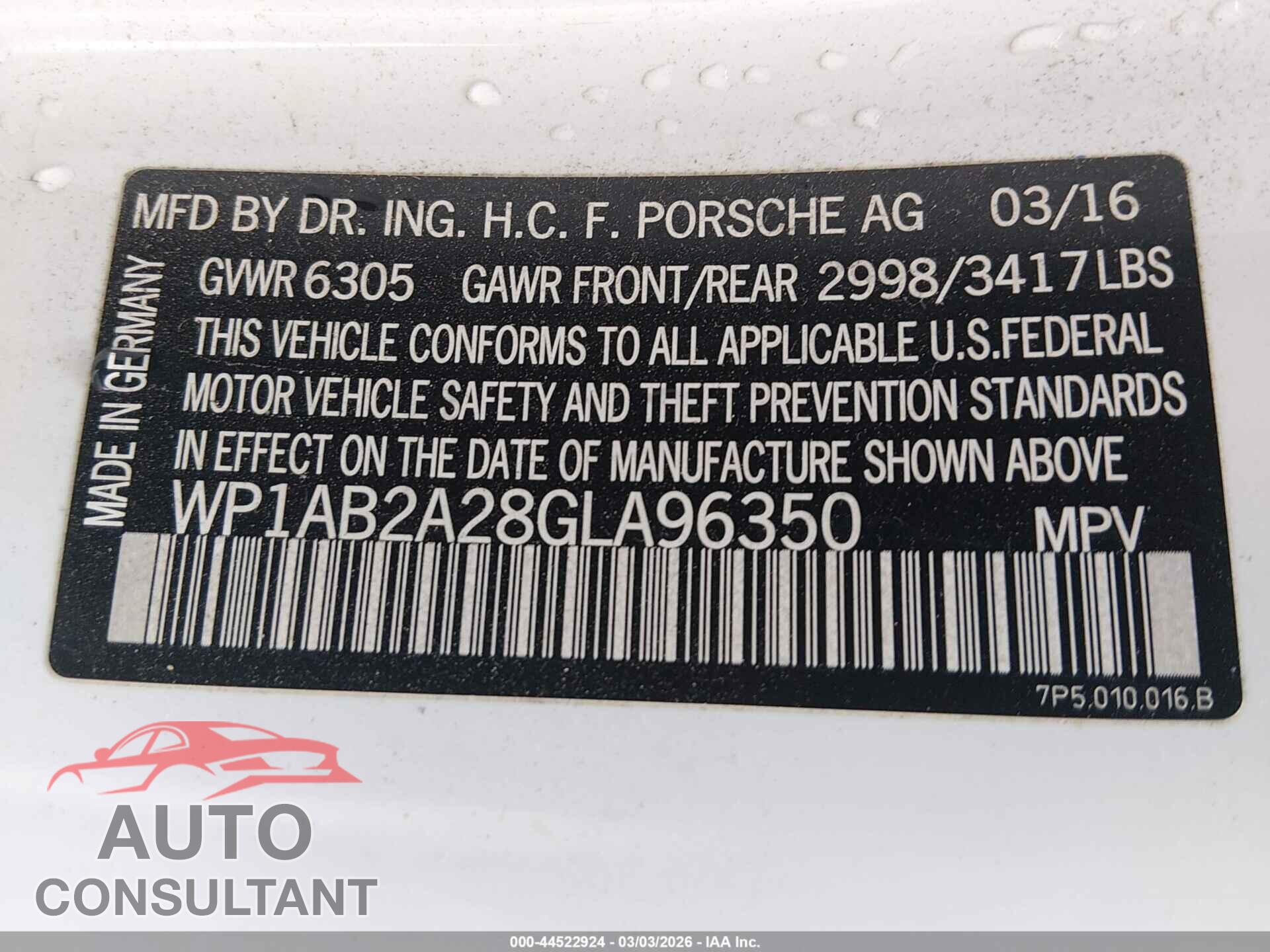 PORSCHE CAYENNE 2016 - WP1AB2A28GLA96350