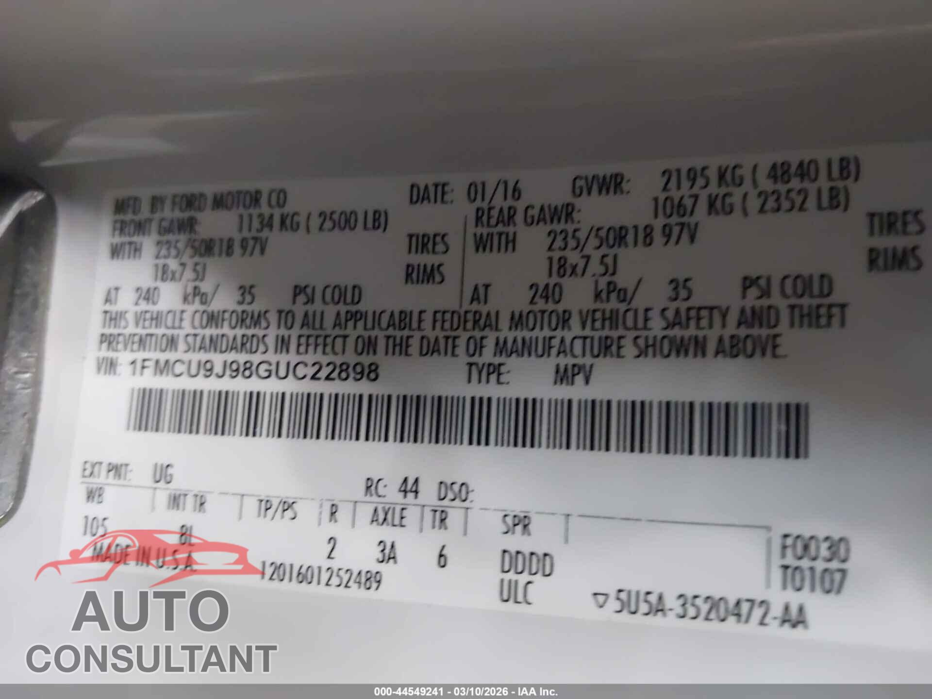 FORD ESCAPE 2016 - 1FMCU9J98GUC22898