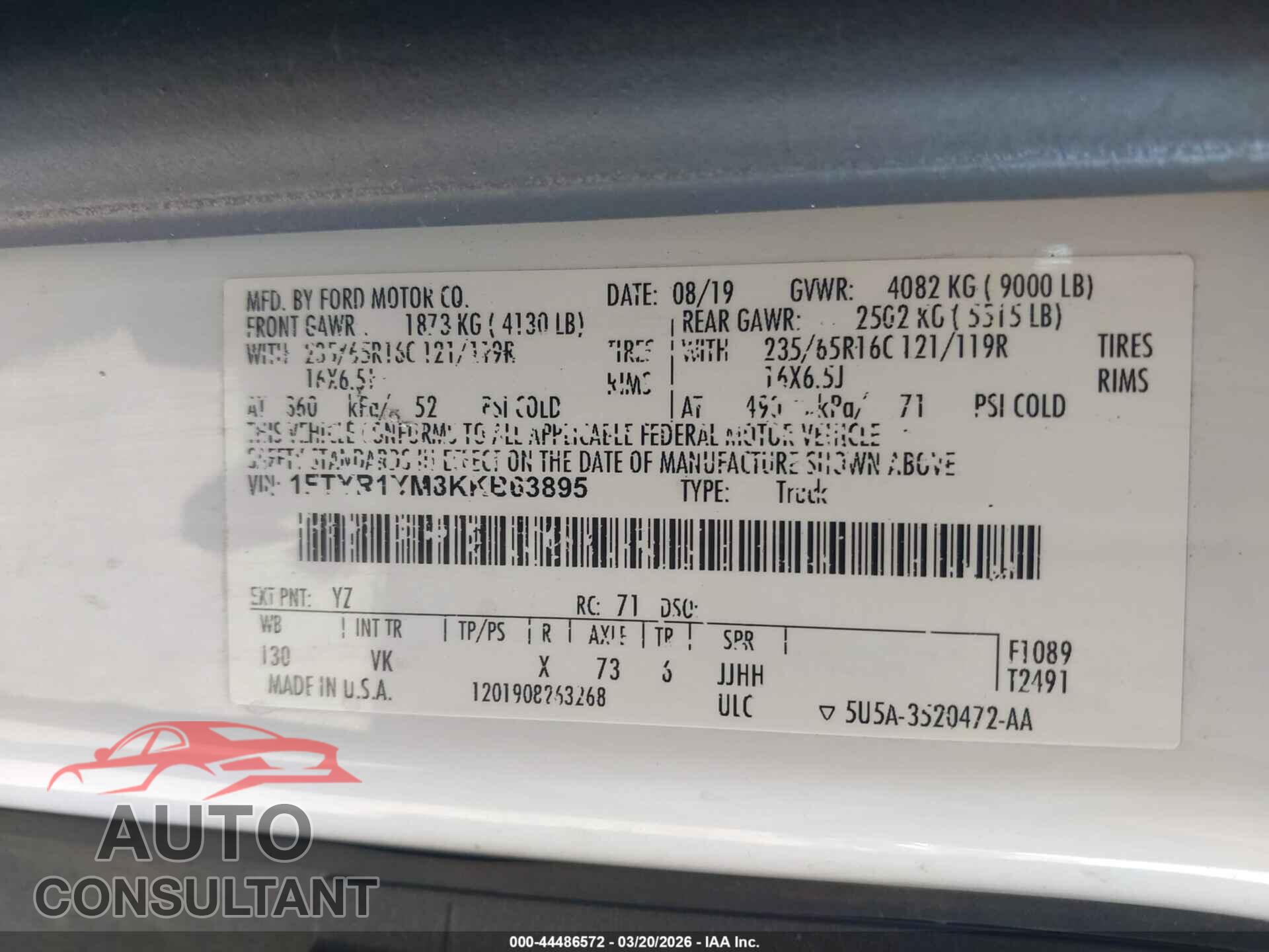 FORD TRANSIT-250 2019 - 1FTYR1YM8KKB63895