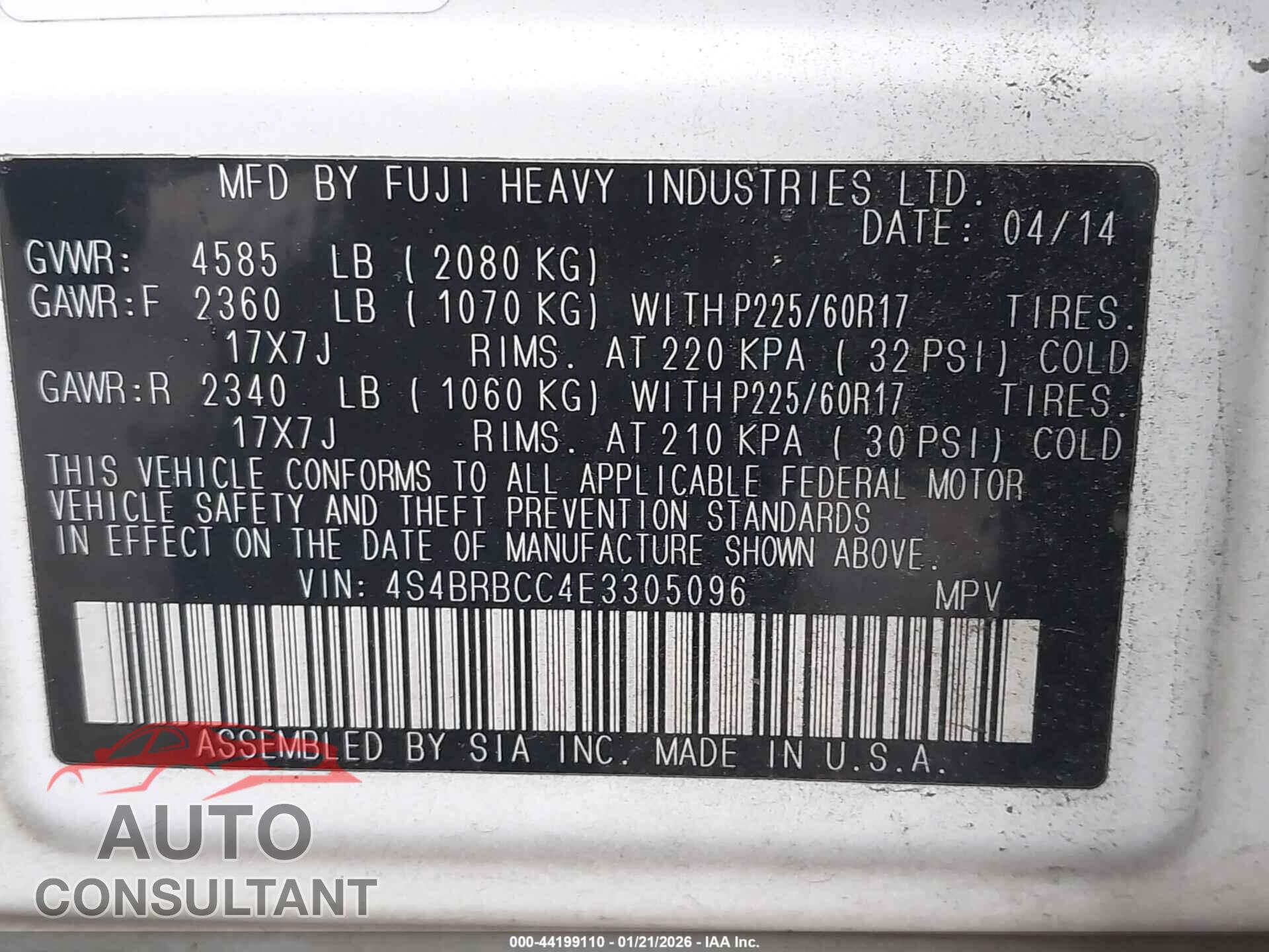 SUBARU OUTBACK 2014 - 4S4BRBCC4E3305096