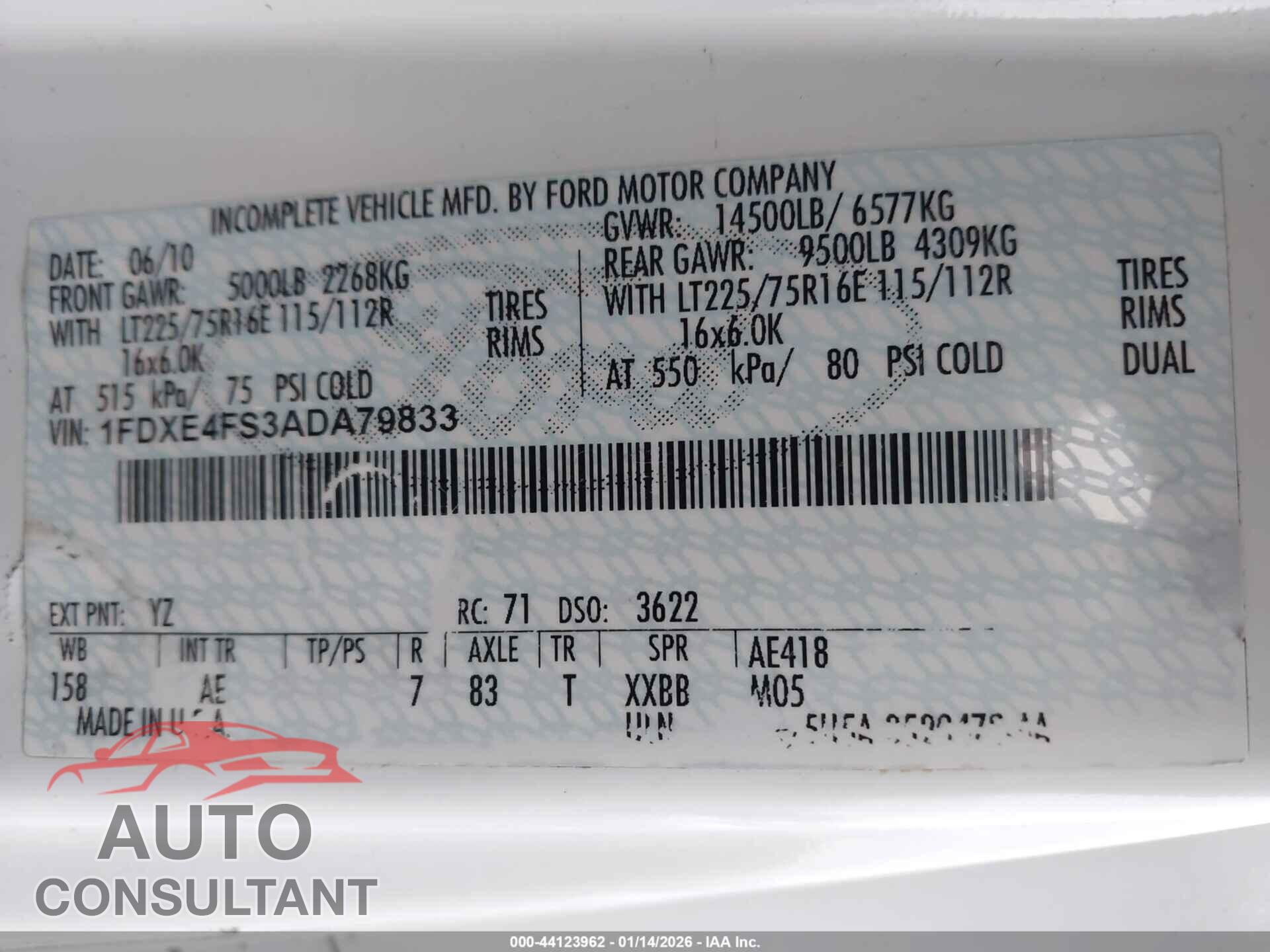 FORD E-450 CUTAWAY 2010 - 1FDXE4FS3ADA79833