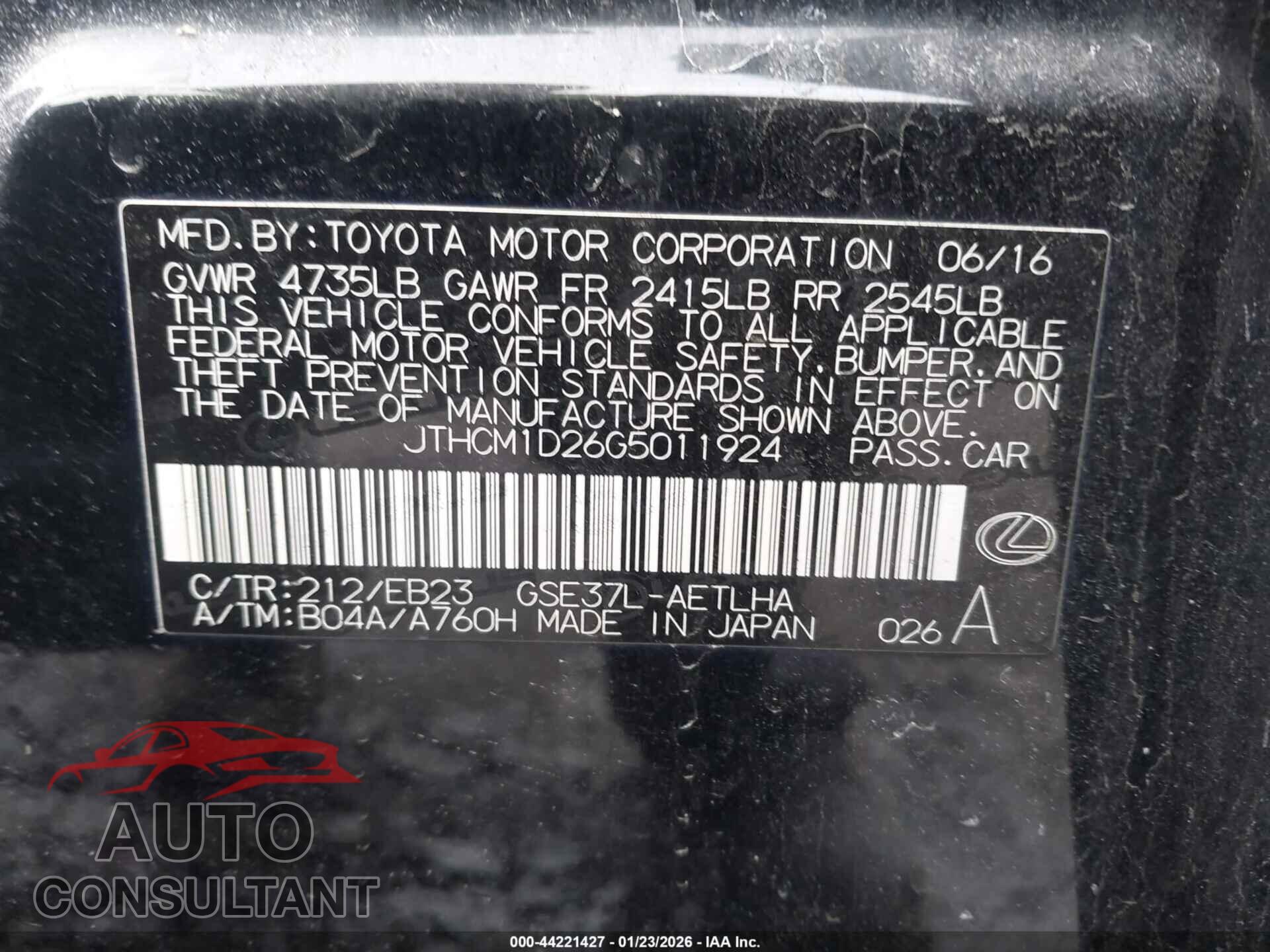 LEXUS IS 300 2016 - JTHCM1D26G5011924