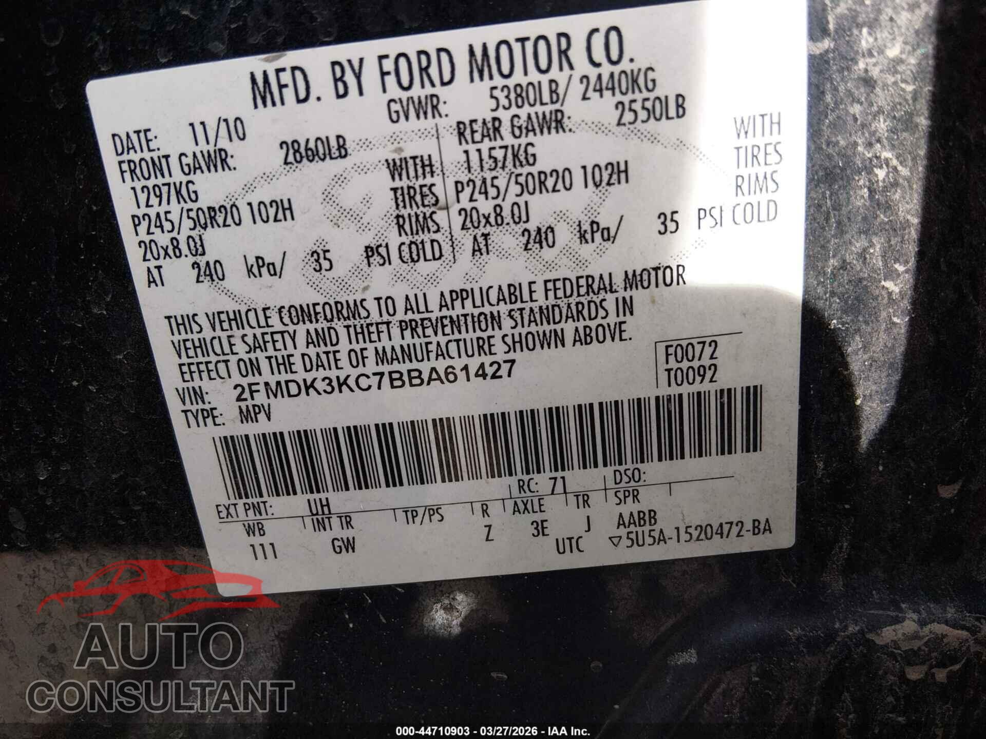 FORD EDGE 2011 - 2FMDK3KC7BBA61427