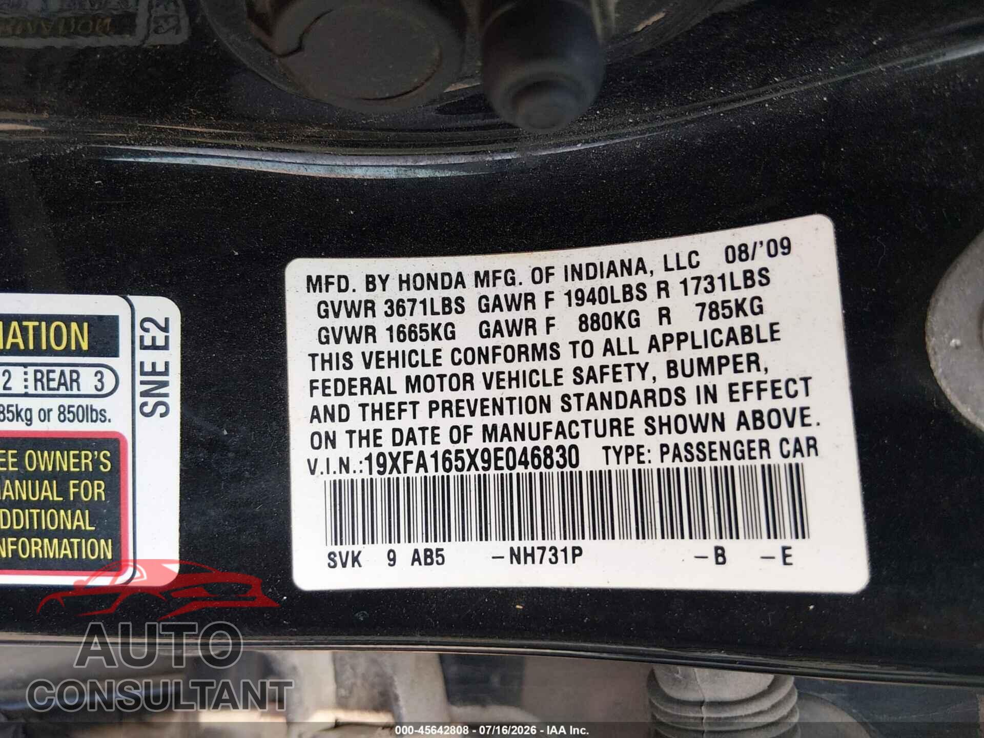 HONDA CIVIC 2009 - 19XFA165X9E046830