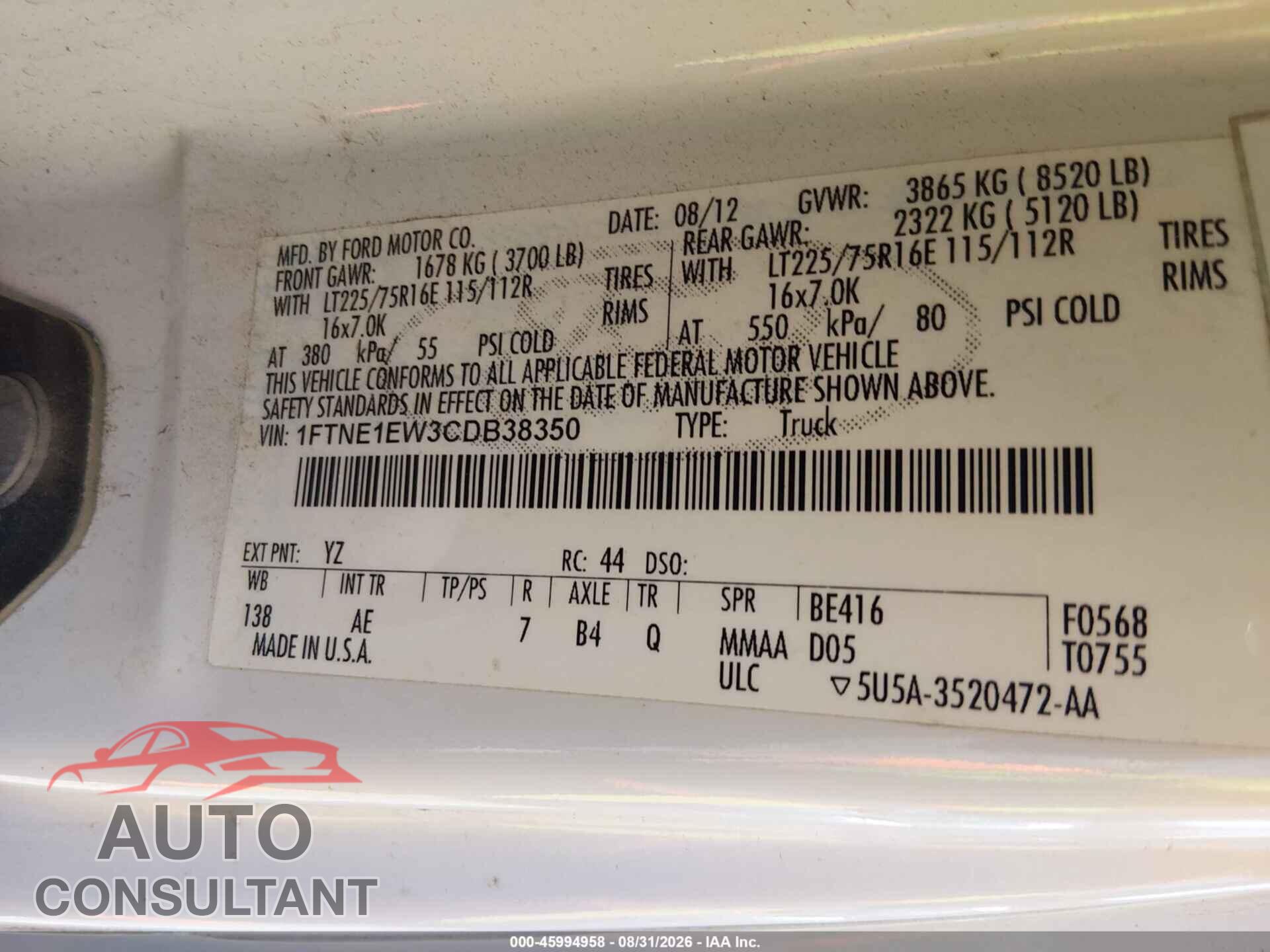 FORD E-150 2012 - 1FTNE1EW3CDB38350
