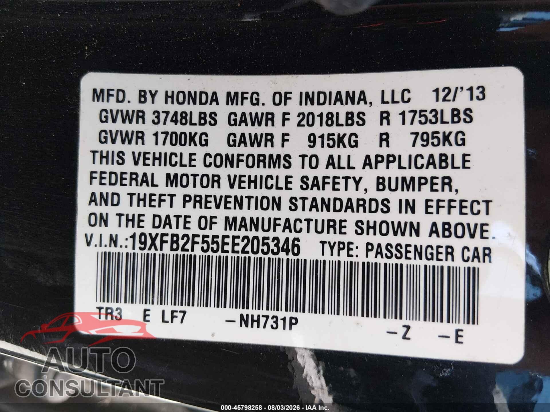 HONDA CIVIC 2014 - 19XFB2F55EE205346