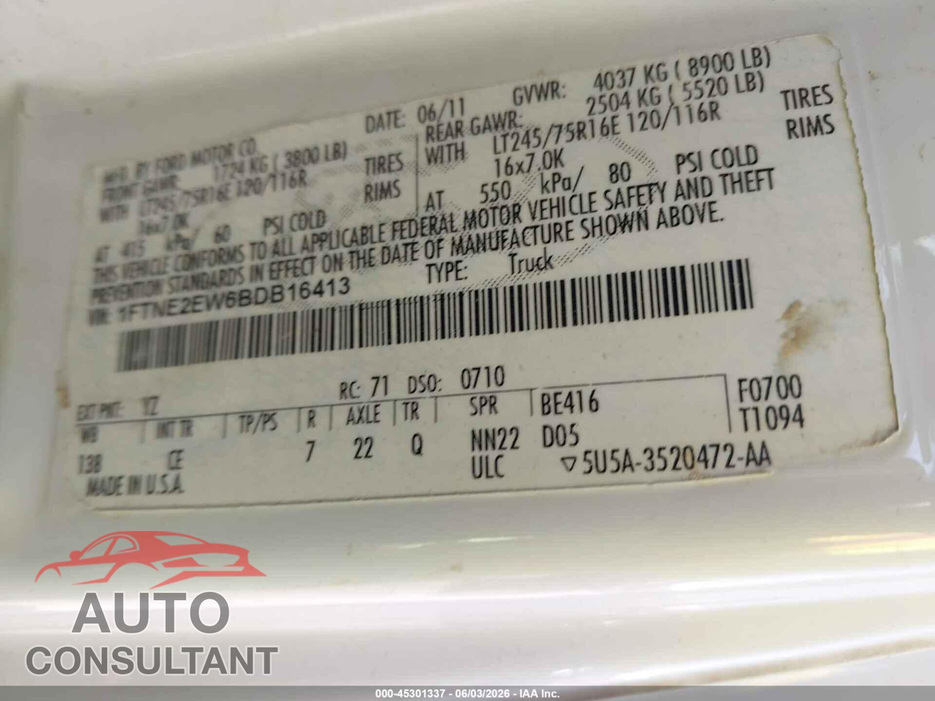 FORD E-250 2011 - 1FTNE2EW6BDB16413