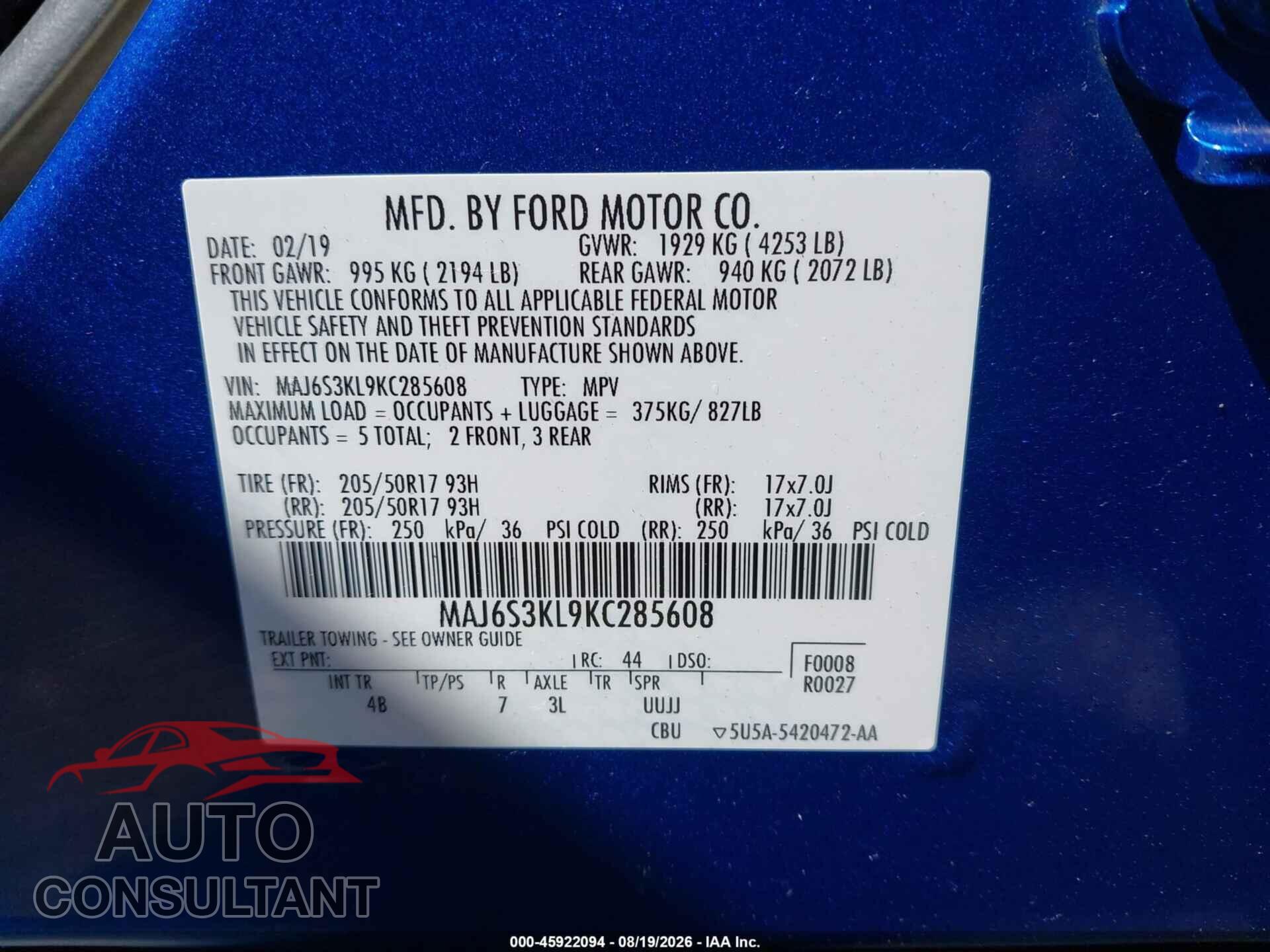 FORD ECOSPORT 2019 - MAJ6S3KL9KC285608