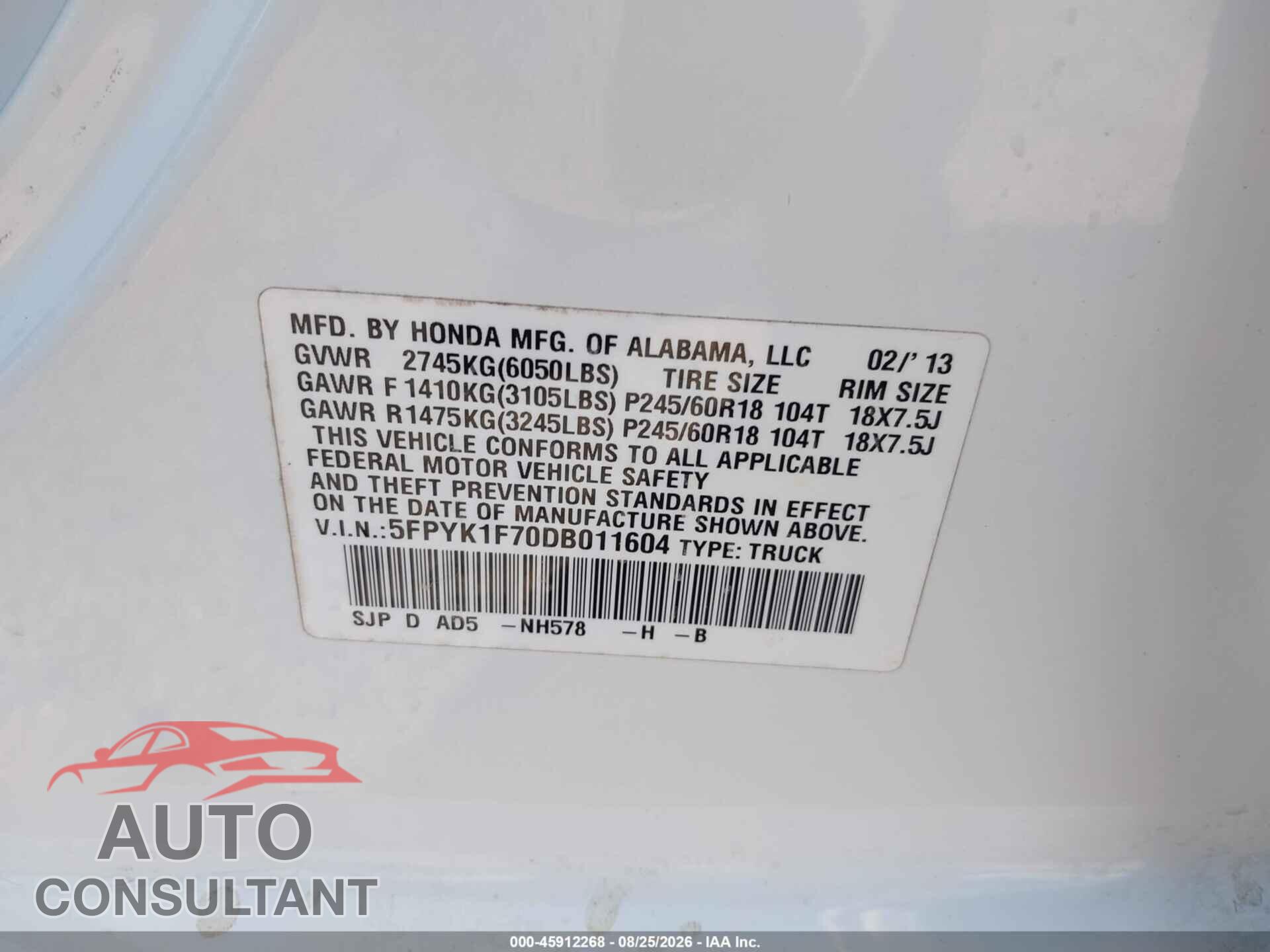 HONDA RIDGELINE 2013 - 5FPYK1F70DB011604