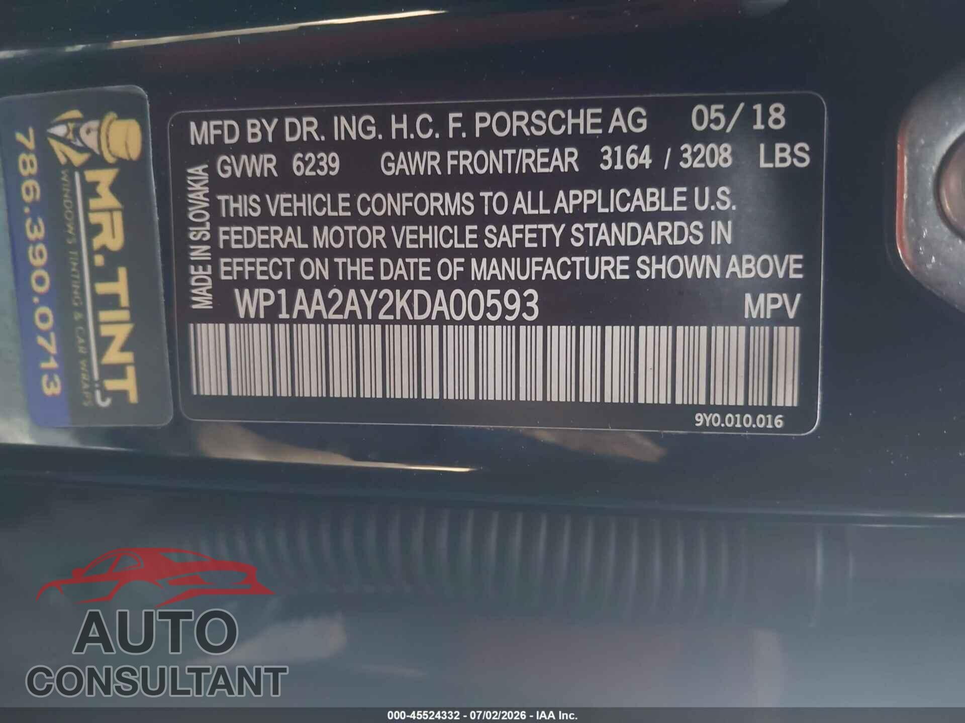 PORSCHE CAYENNE 2019 - WP1AA2AY2KDA00593