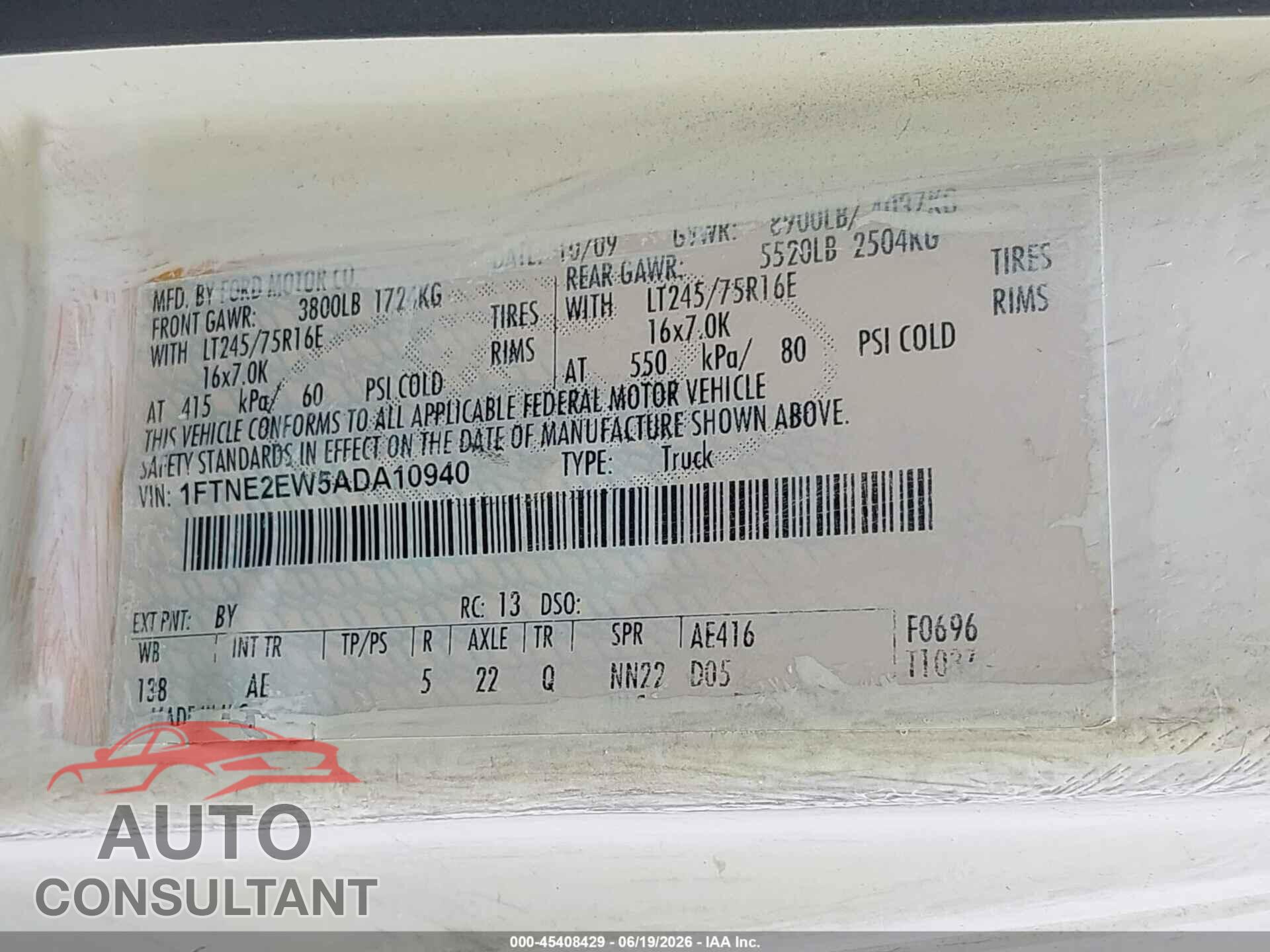 FORD E-250 2010 - 1FTNE2EW5ADA10940