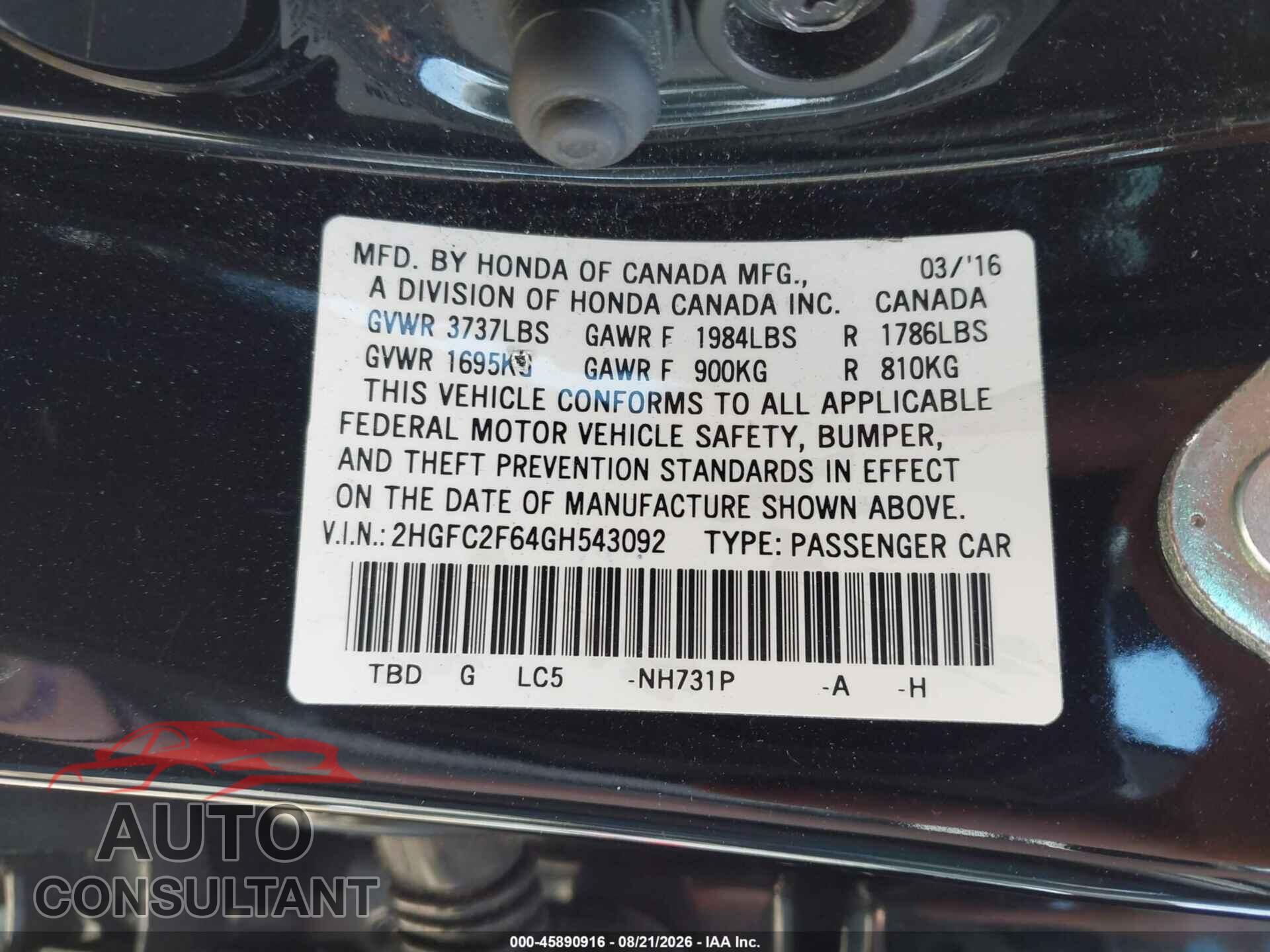 HONDA CIVIC 2016 - 2HGFC2F64GH543092