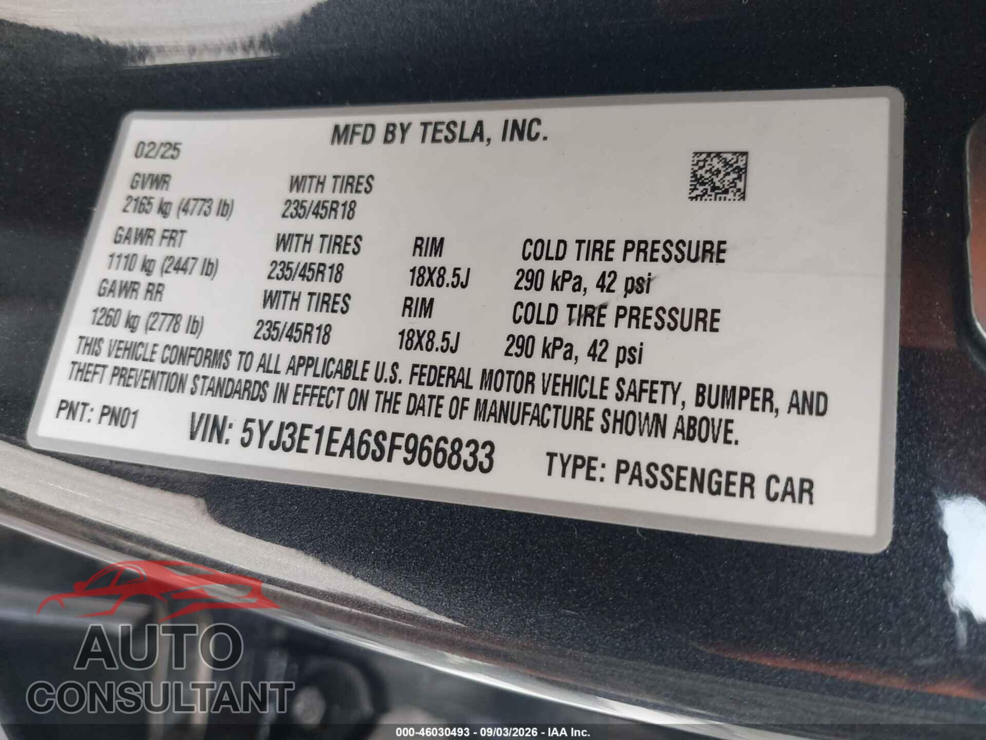 TESLA MODEL 3 2025 - 5YJ3E1EA6SF966833