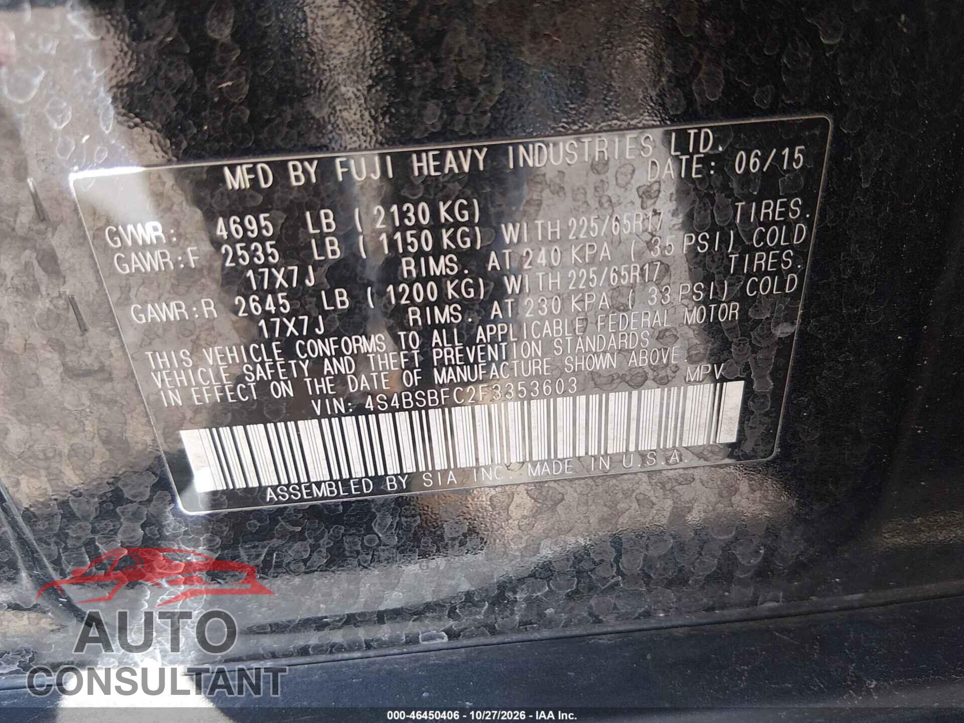 SUBARU OUTBACK 2015 - 4S4BSBFC2F3353603