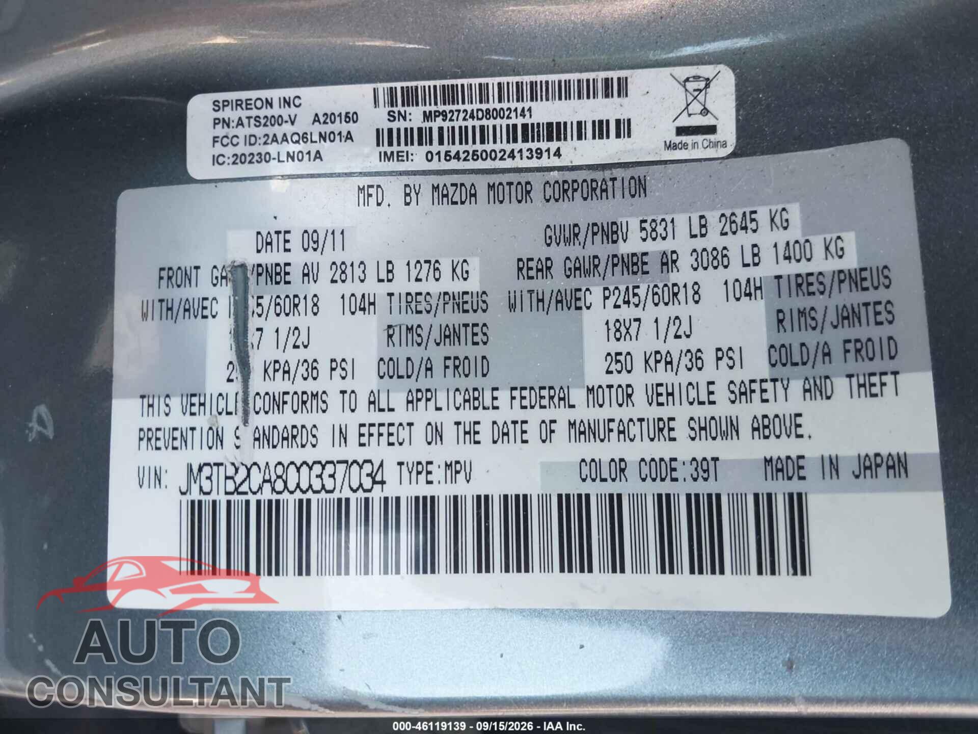 MAZDA CX-9 2012 - JM3TB2CA8C0337034