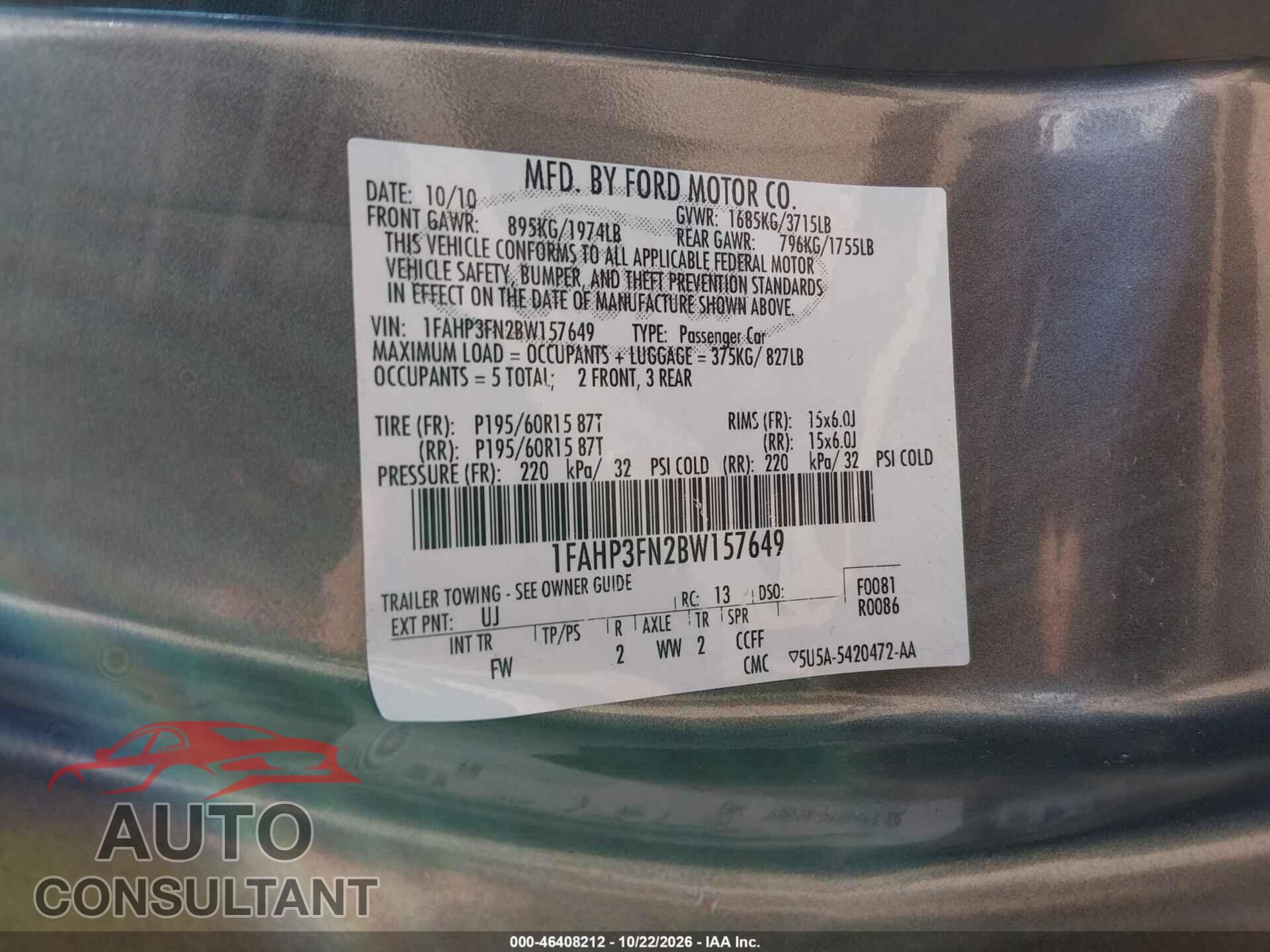 FORD FOCUS 2011 - 1FAHP3FN2BW157649